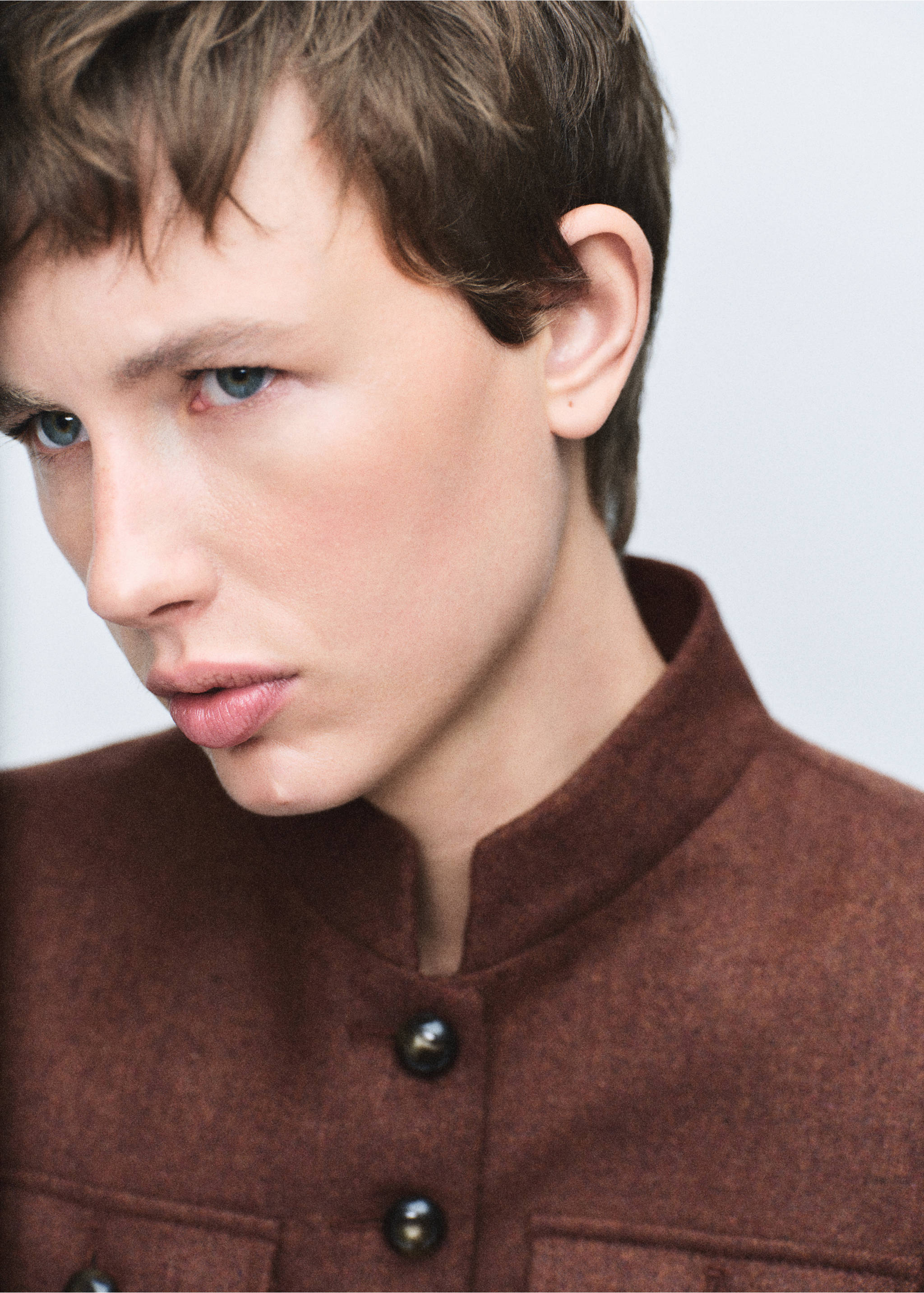 Wool jacket with band collar and pockets - Details of the article 1, Tobacco Brown. Ref: 17037912-00.