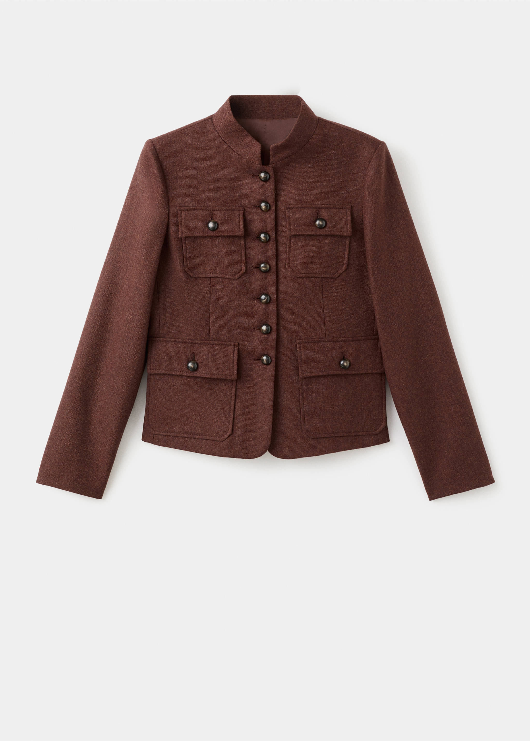 Wool jacket with band collar and pockets - Article without model, Tobacco Brown. Ref: 17037912-00.