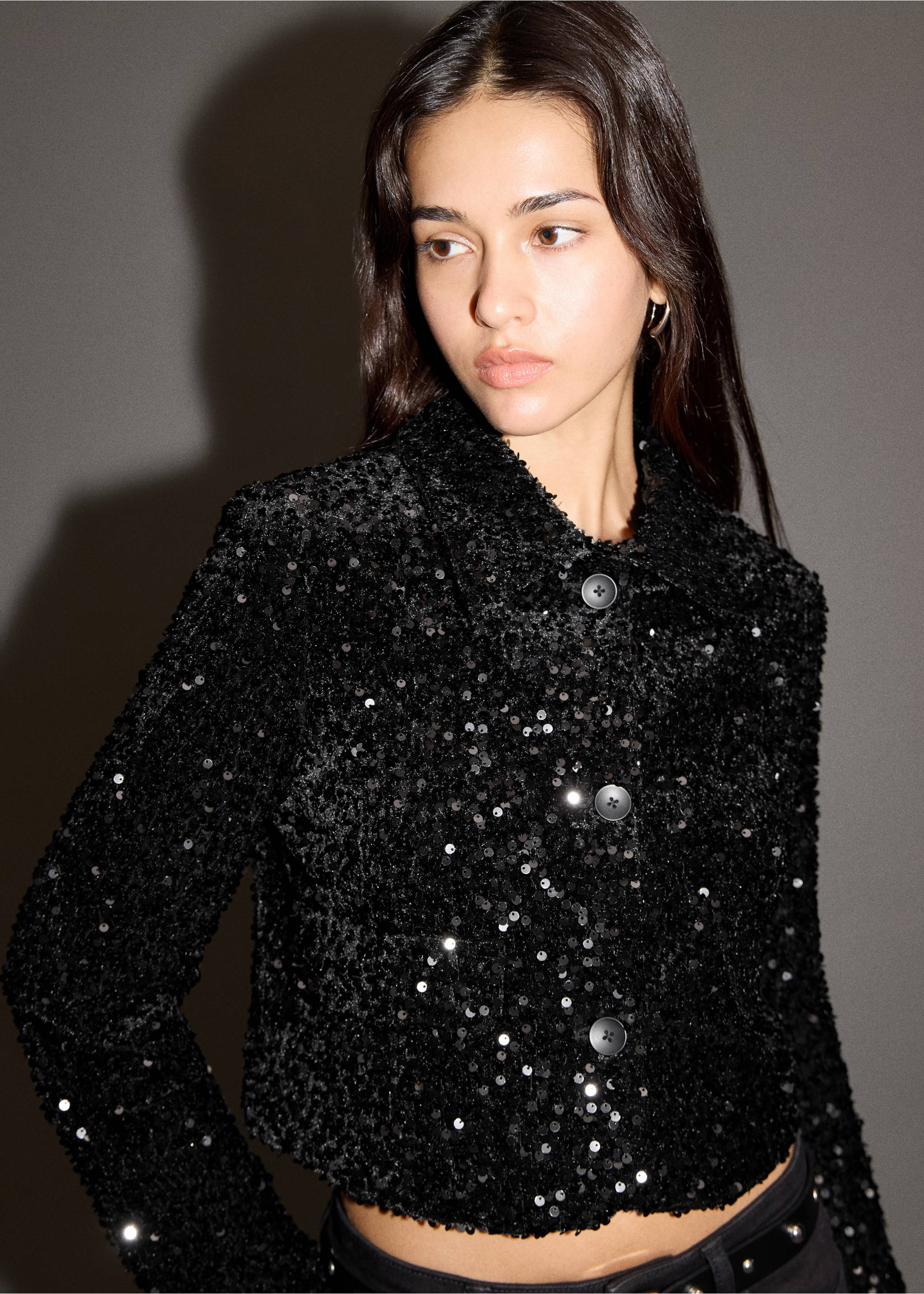 Sequin suit jacket - Details of the article 1, Black. Ref: 17038273-00.