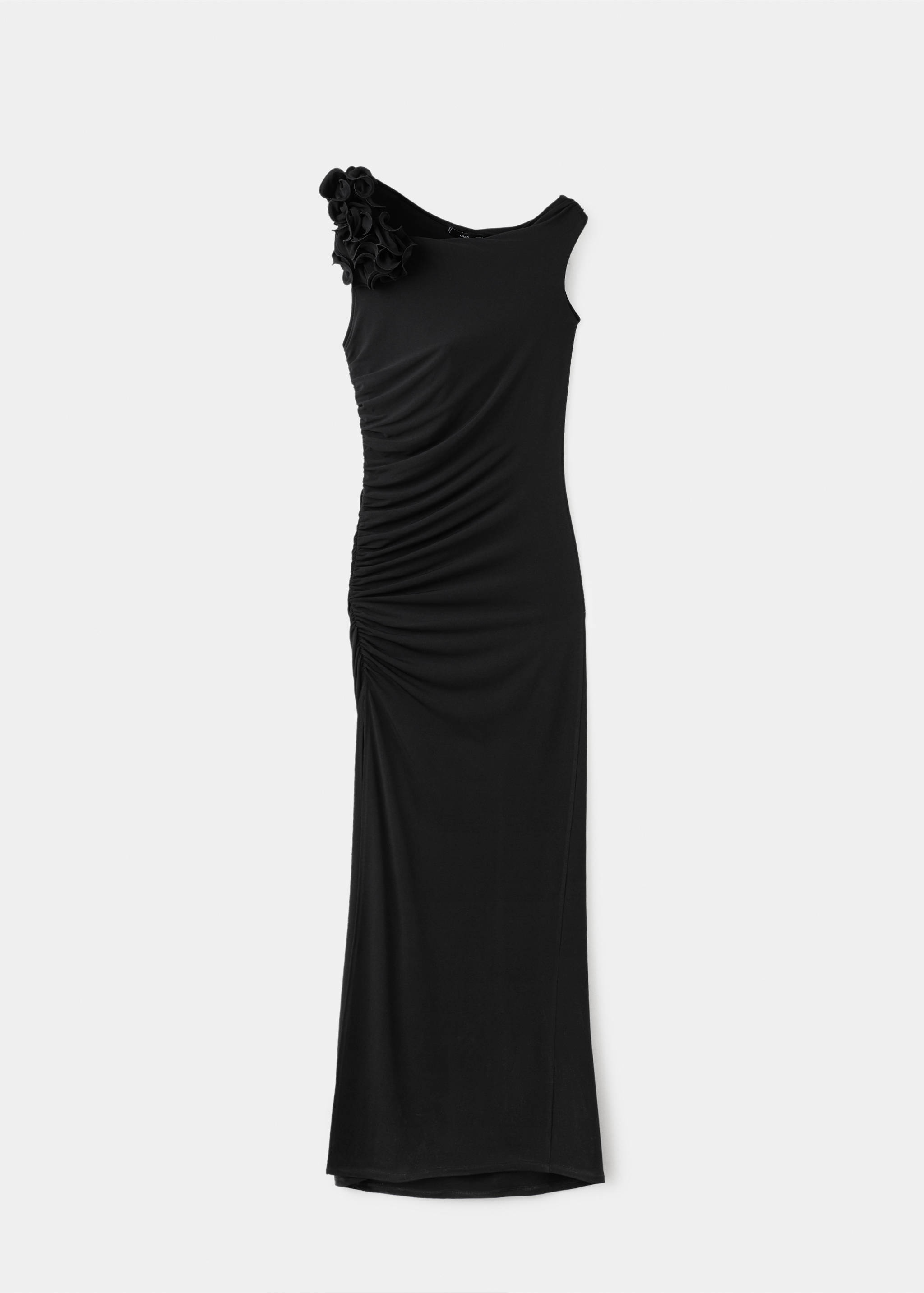 Black dress featuring an asymmetrical neckline with fabric rosettes and side ruching., Black. Ref: 17039115-00.