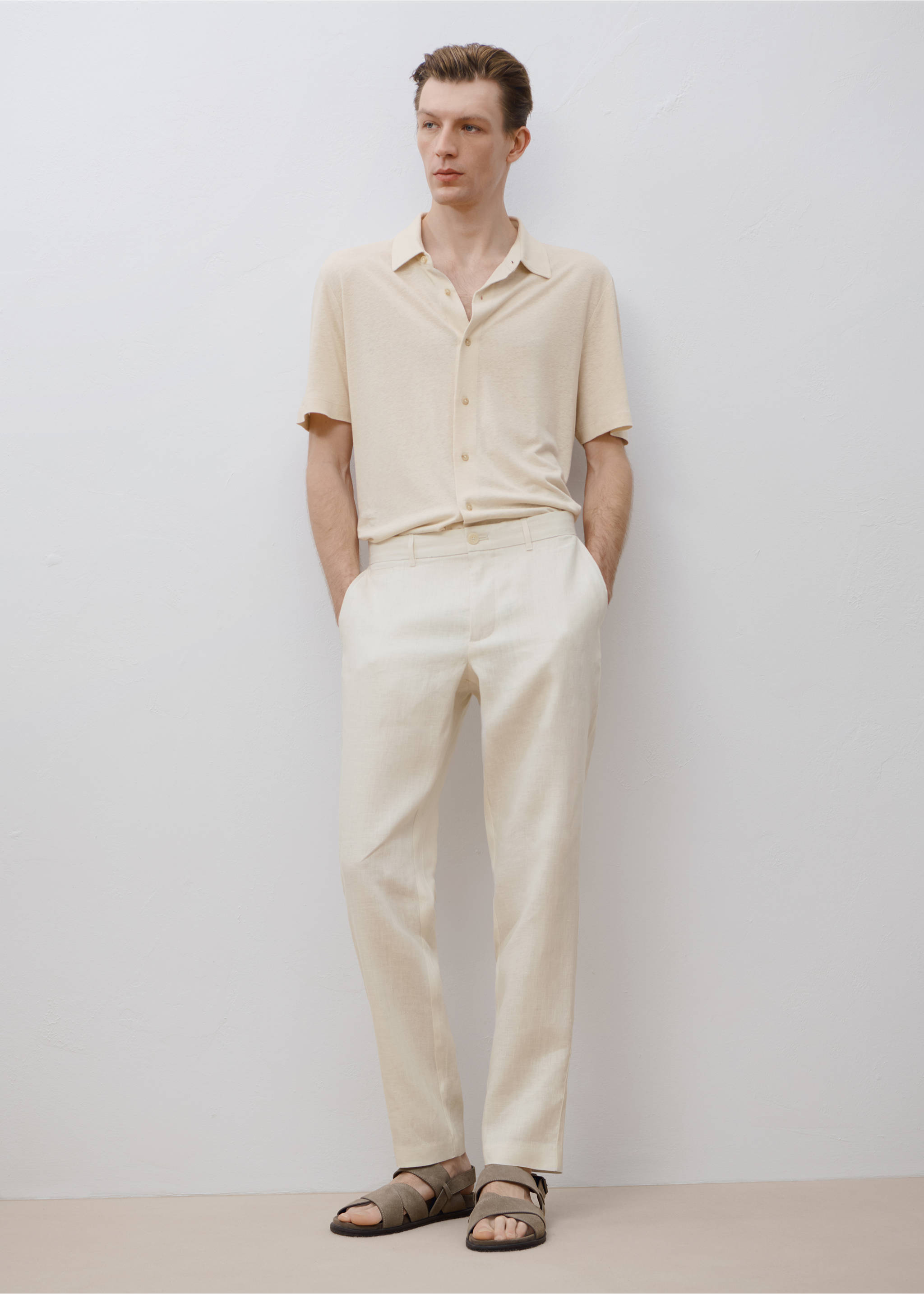 Slim-fit 100% linen trousers - Details of the article 5, Off White. Ref: 17041143-00.