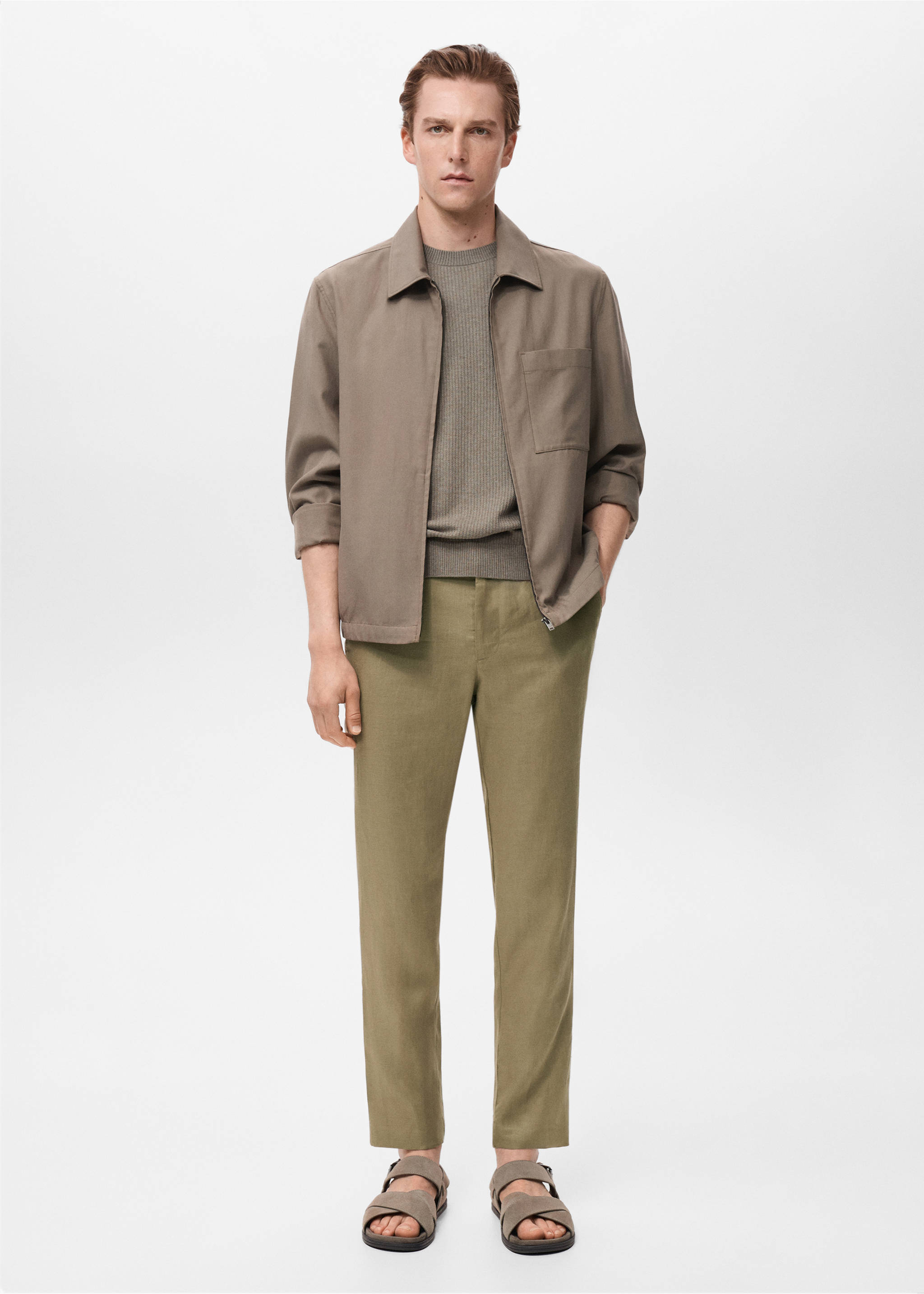Slim-fit 100% linen trousers - General plane, Khaki. Ref: 17041143-00.