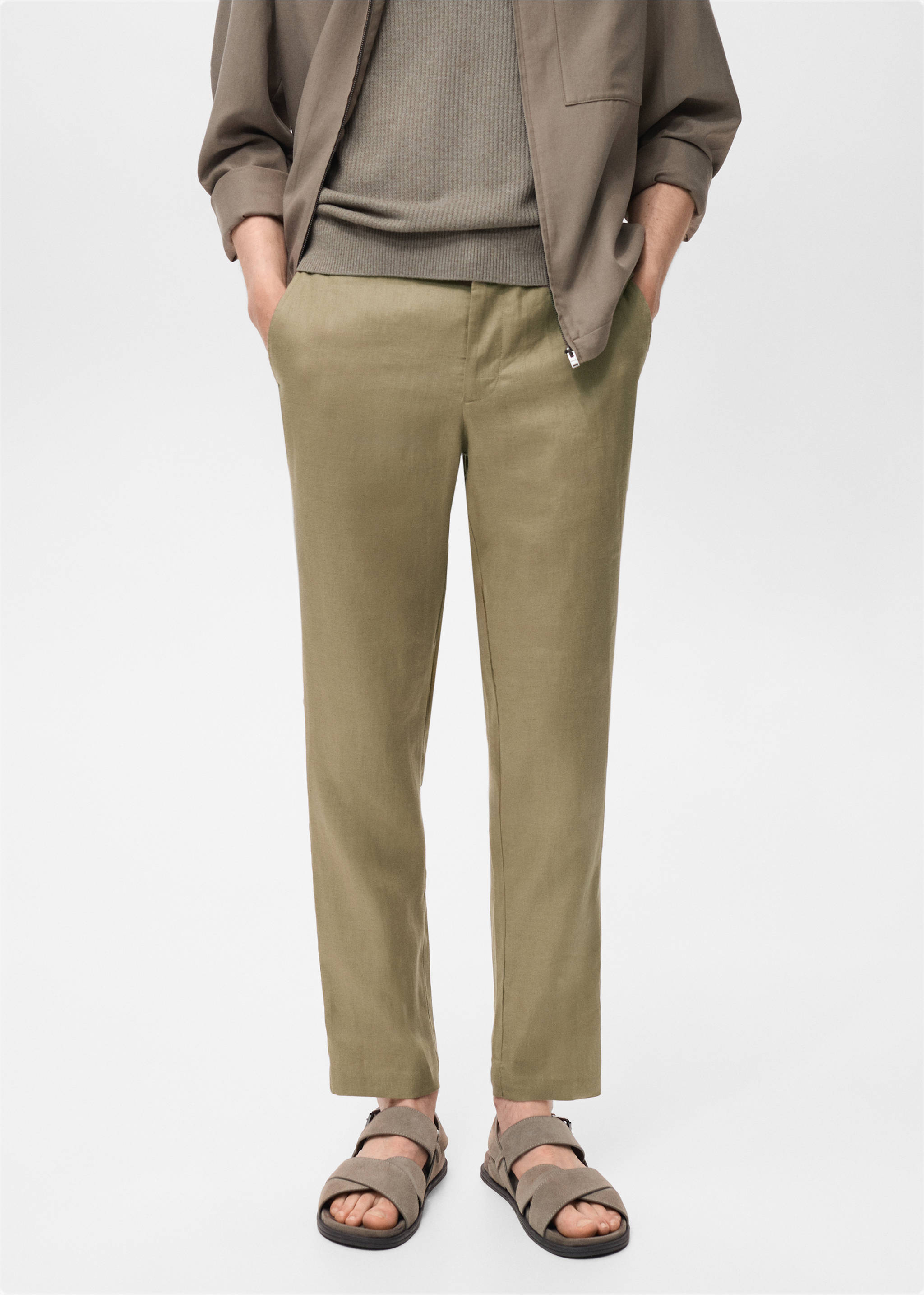 Slim-fit 100% linen trousers - Medium plane, Khaki. Ref: 17041143-00.