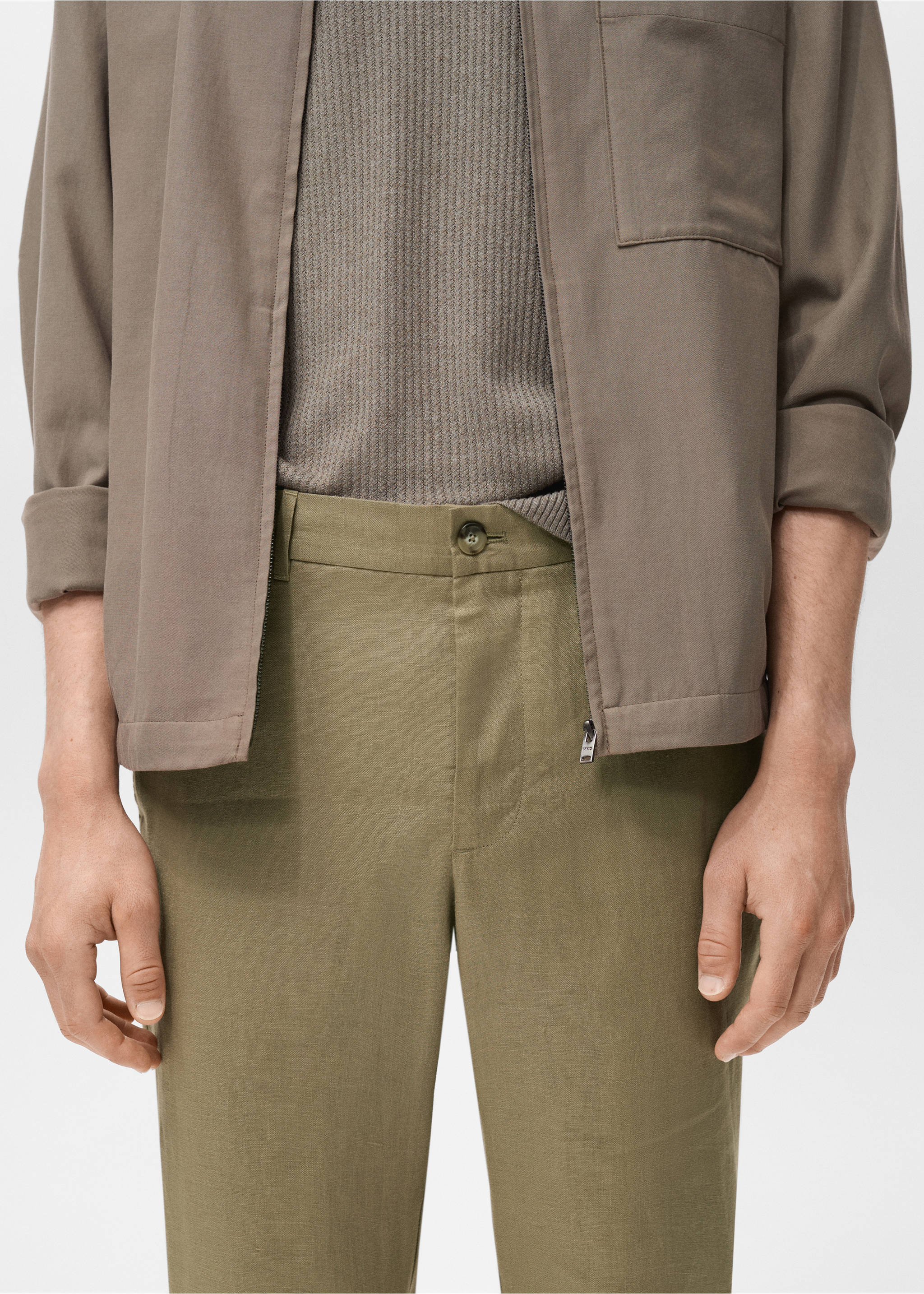 Slim-fit 100% linen trousers - Details of the article 1, Khaki. Ref: 17041143-00.