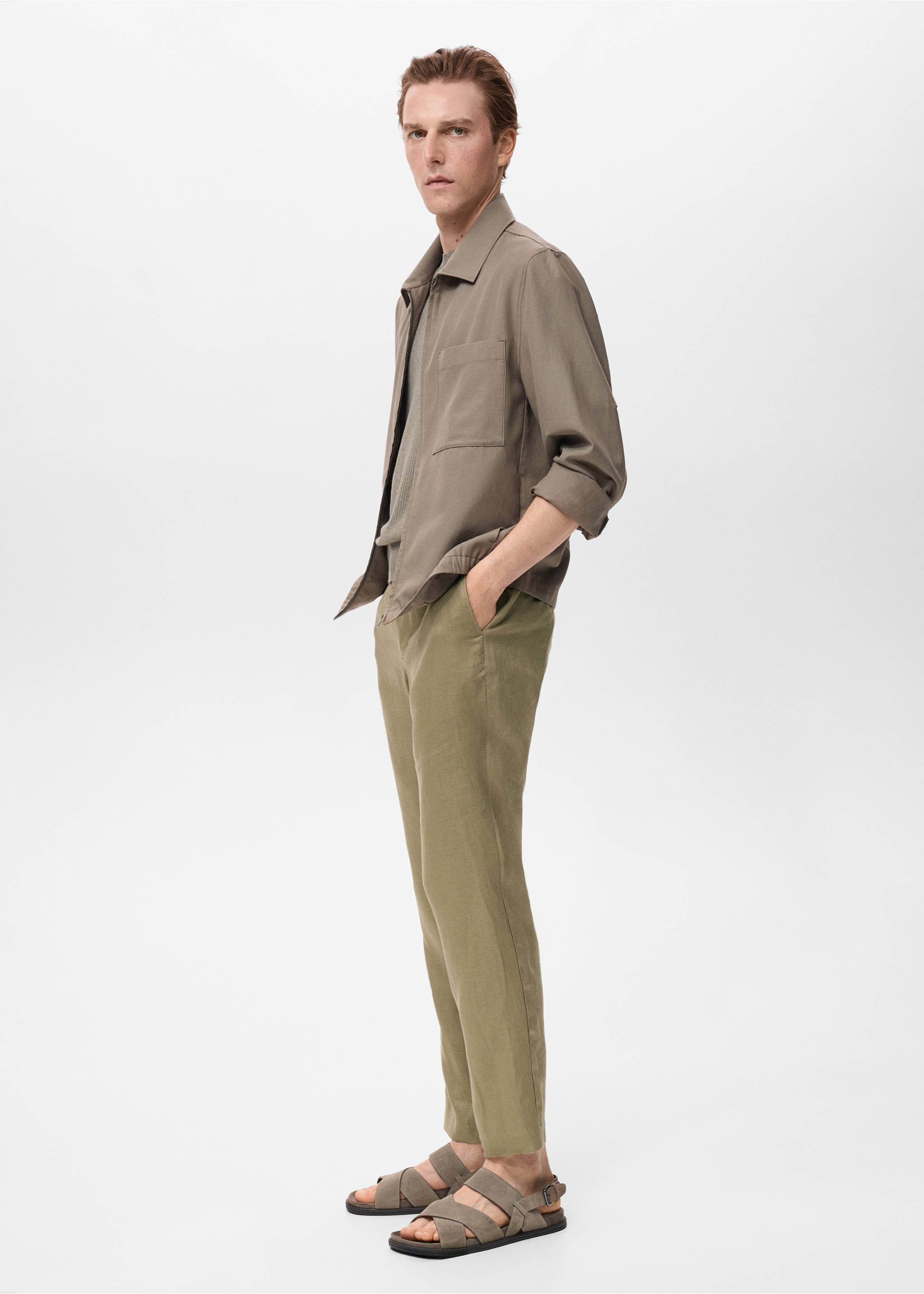 Slim-fit 100% linen trousers - Details of the article 2, Khaki. Ref: 17041143-00.