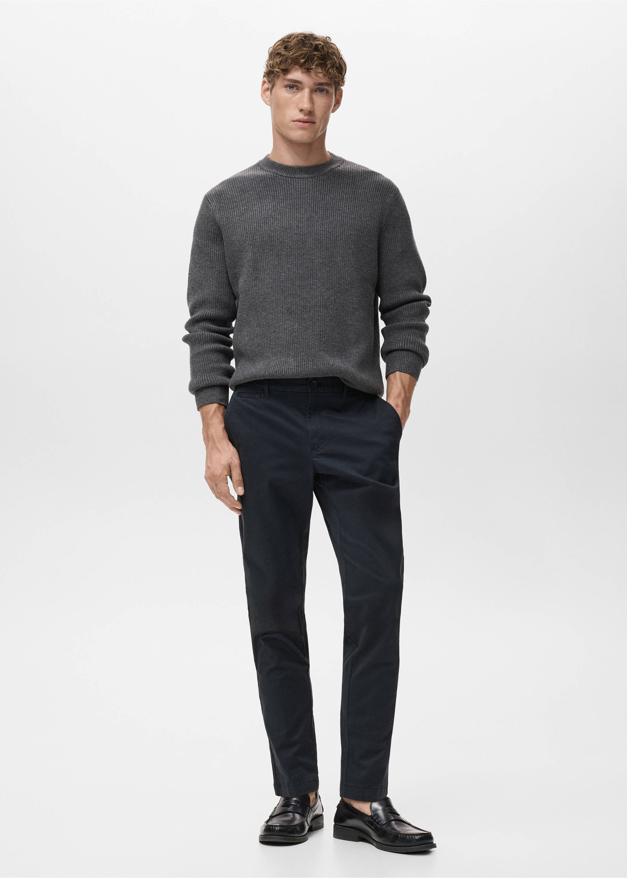 Navy blue trousers worn with a dark grey ribbed jumper and black loafers., Dark Navy. Ref: 17041144-00.
