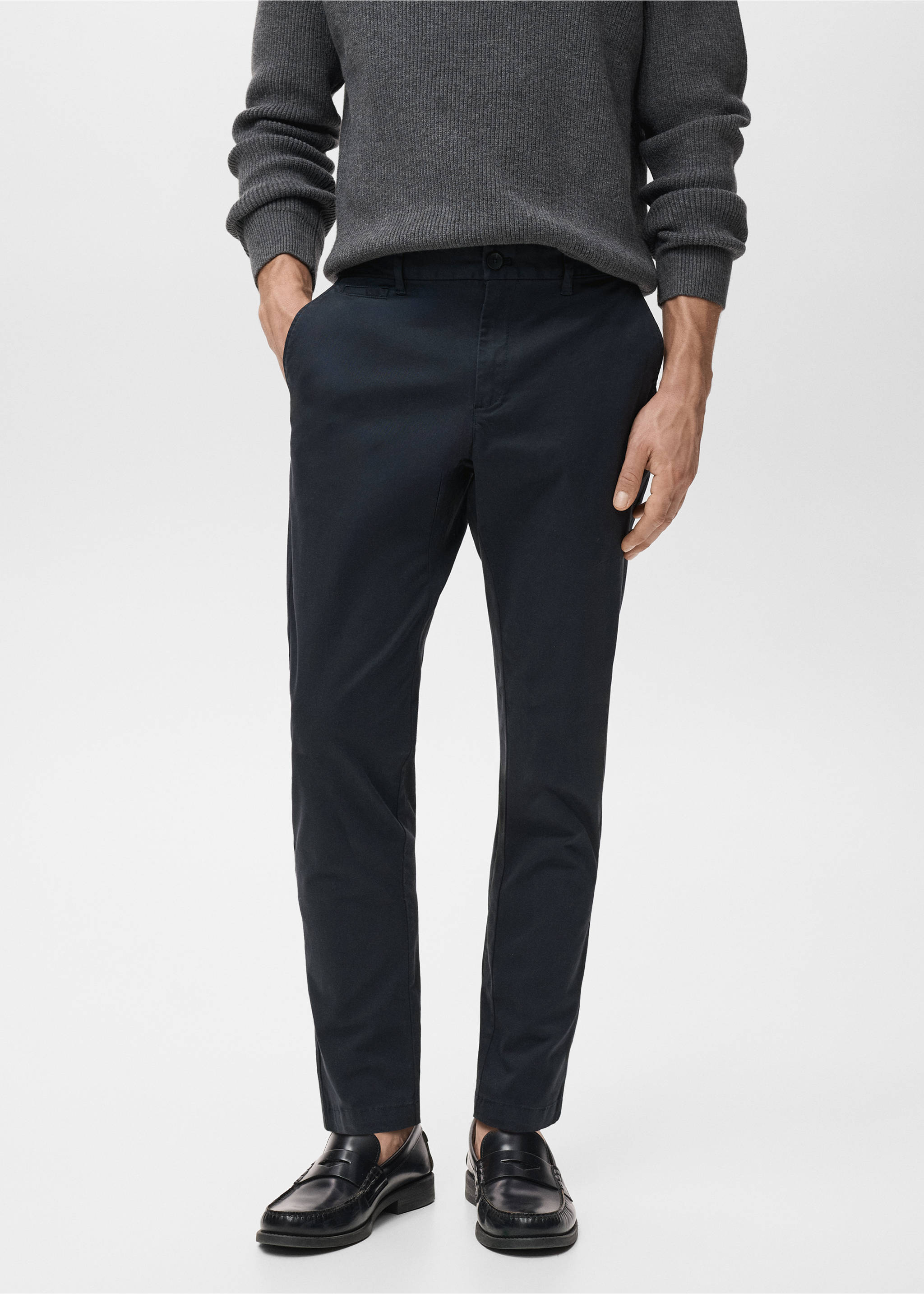 Dark navy blue straight trousers worn with a grey sweater and black loafers., Dark Navy. Ref: 17041144-00.