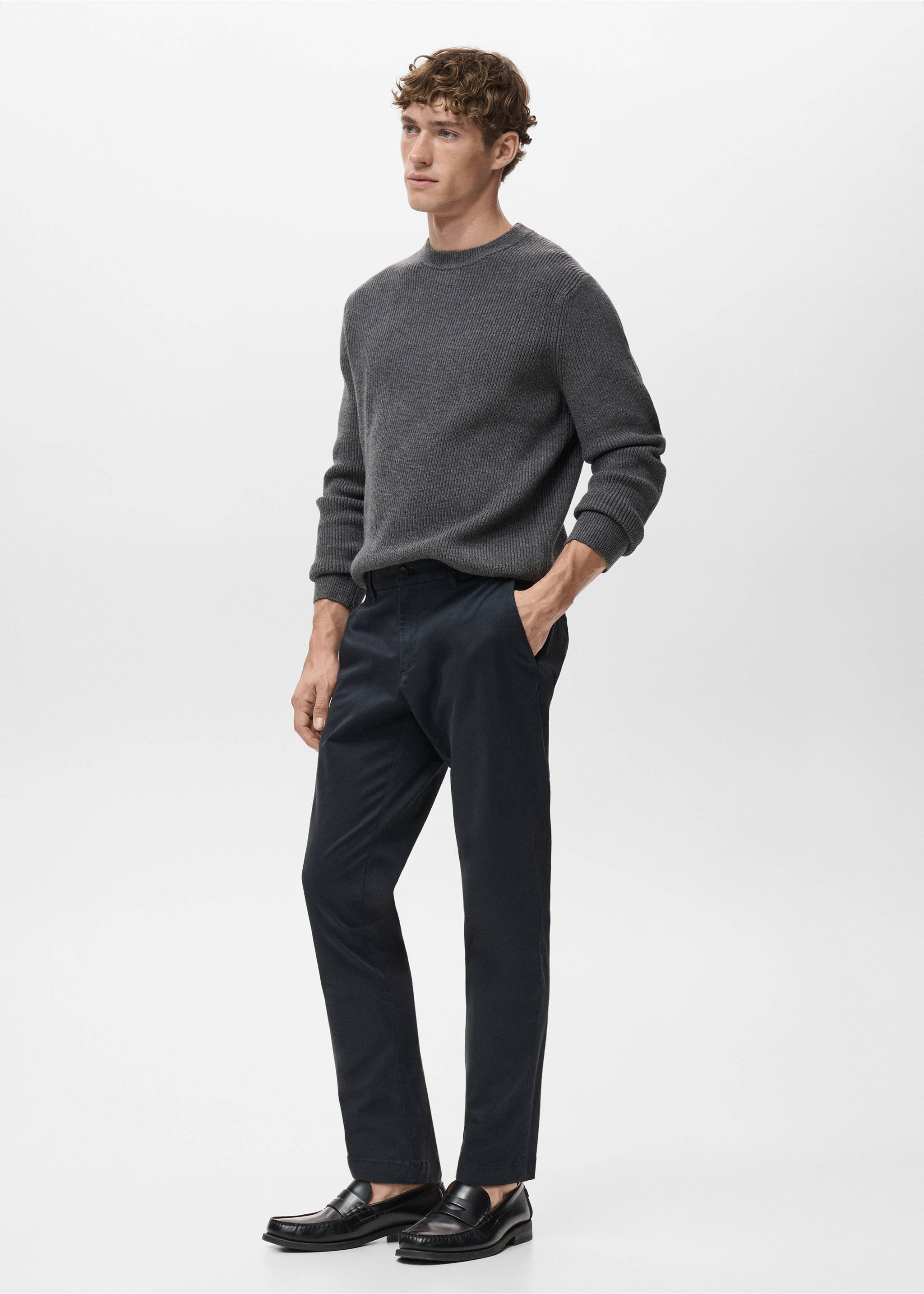 Dark navy blue straight-leg trousers worn with a charcoal grey ribbed sweater., Dark Navy. Ref: 17041144-00.