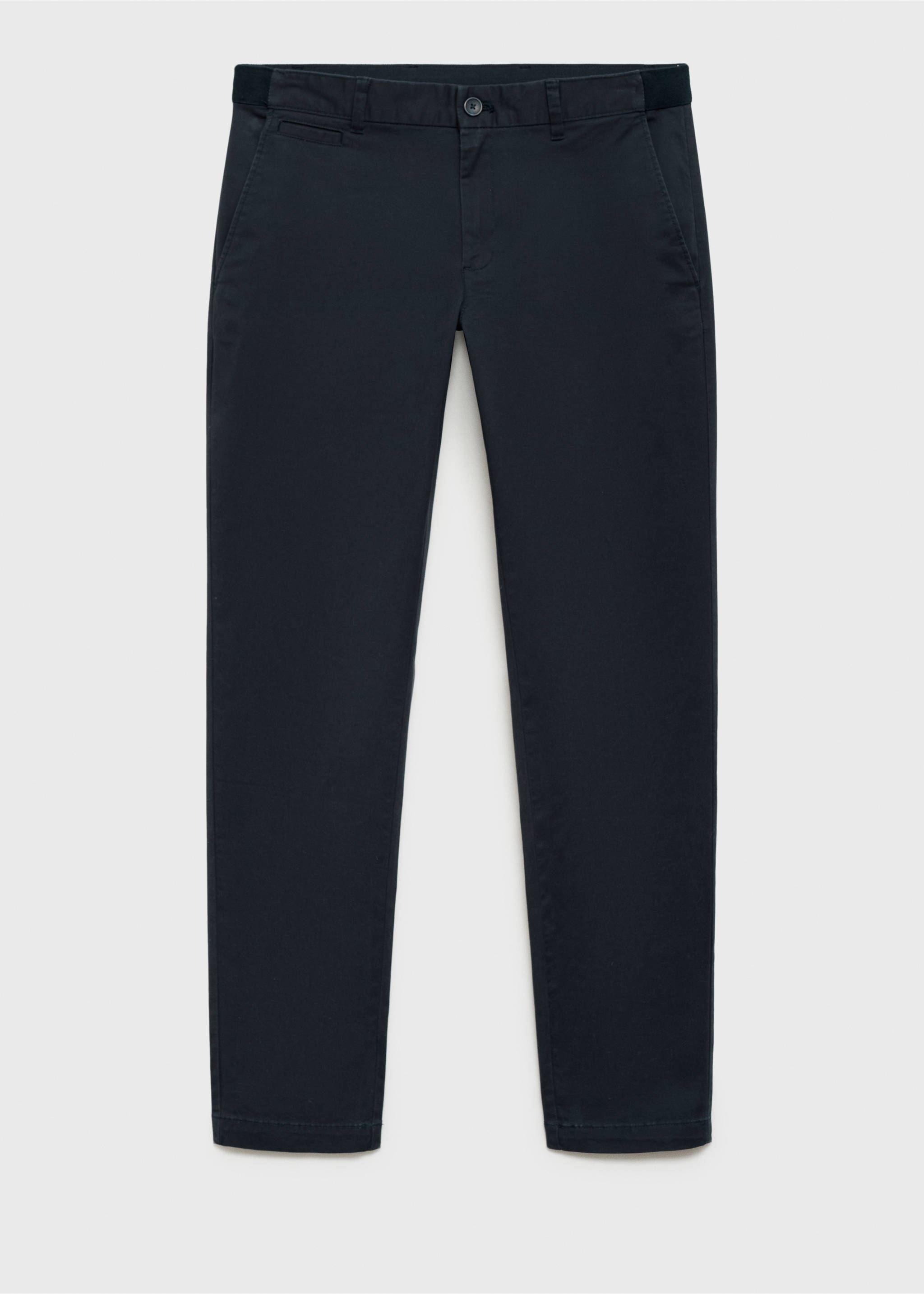 Dark navy blue slim-fit trousers with a button closure and front pockets., Dark Navy. Ref: 17041144-00.