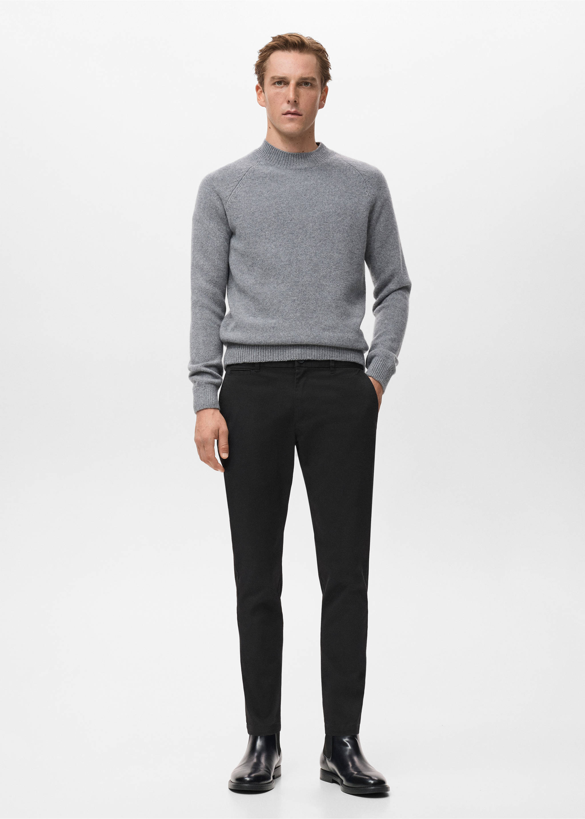 Black trousers worn with a grey mock-neck sweater and black shoes., Black. Ref: 17041144-00.