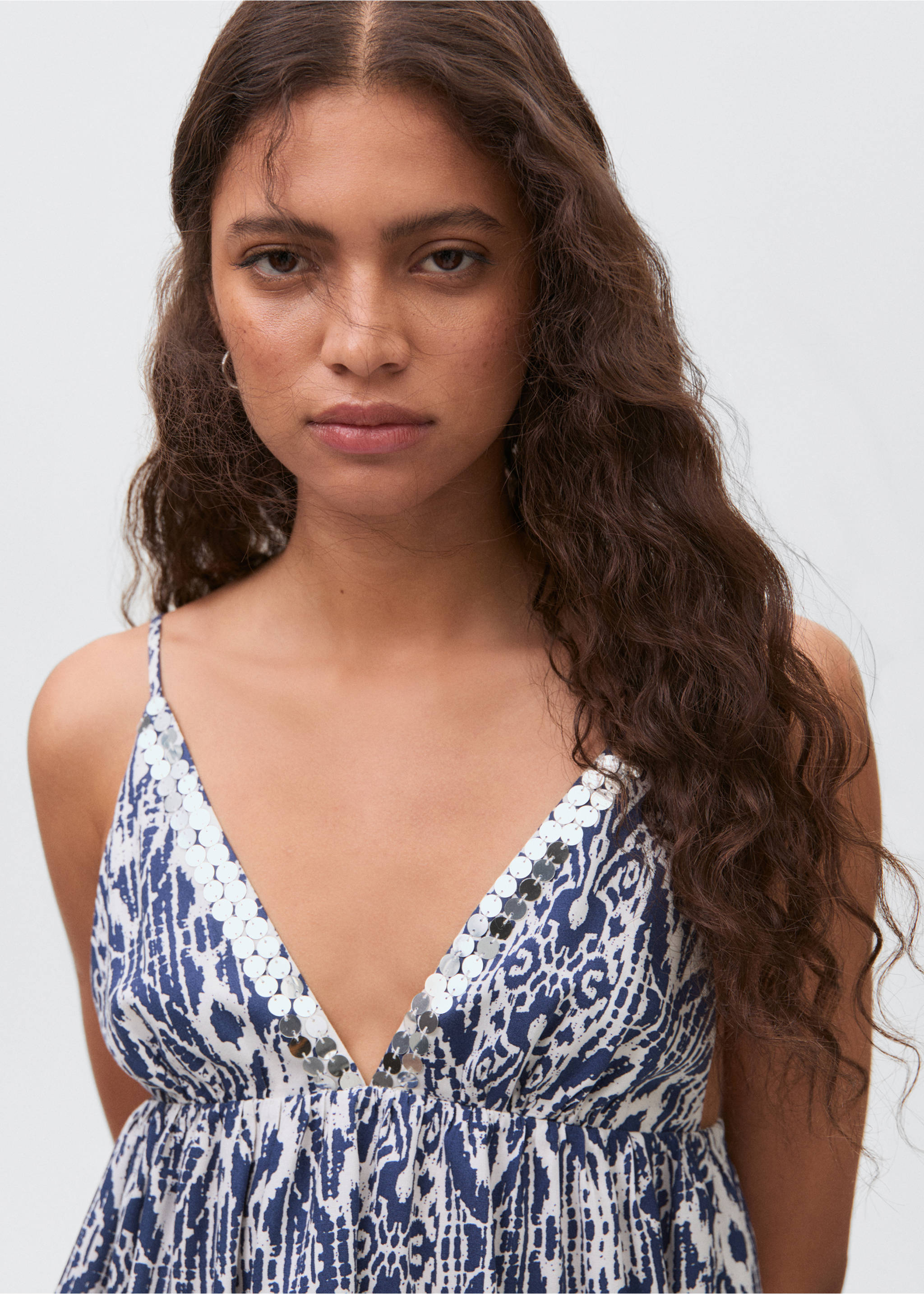 Sequin-print top - Details of the article 1, Navy. Ref: 17041149-00.