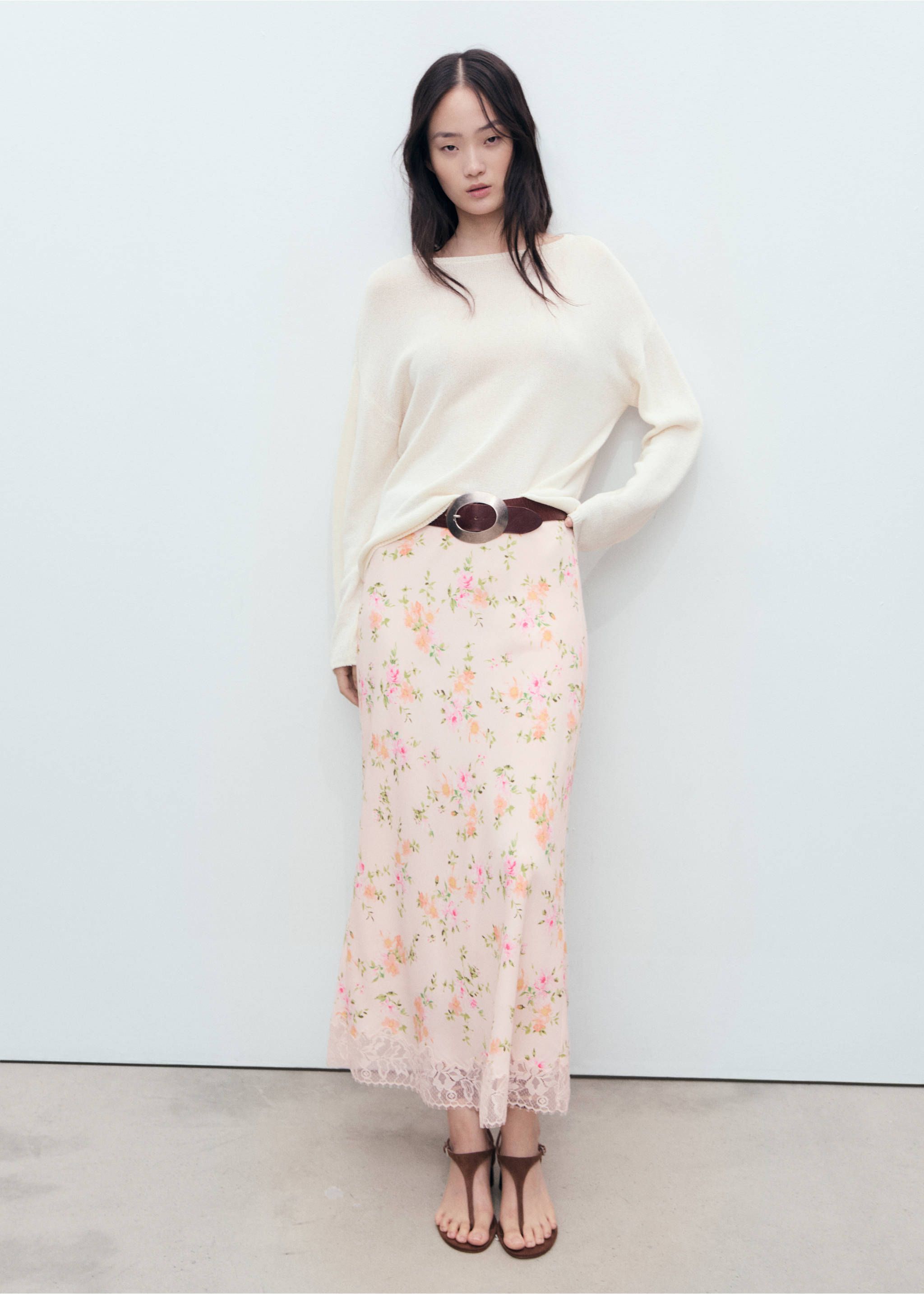 Floral skirt with lace detail - General plane, Pastel Pink. Ref: 17041157-00.