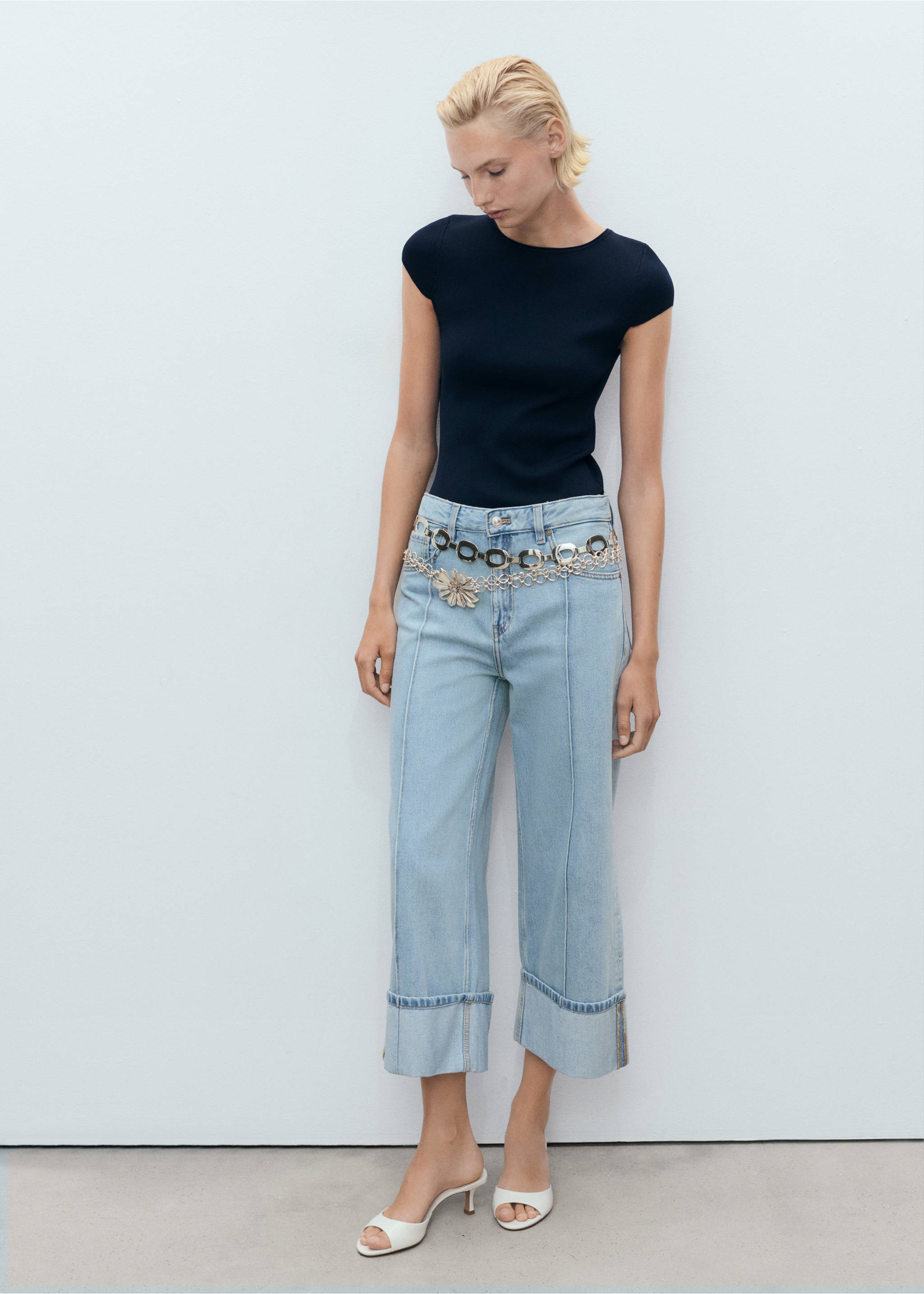 Wide leg cropped jeans with rolled-up hem - General plane, Medium Blue. Ref: 17041175-00.