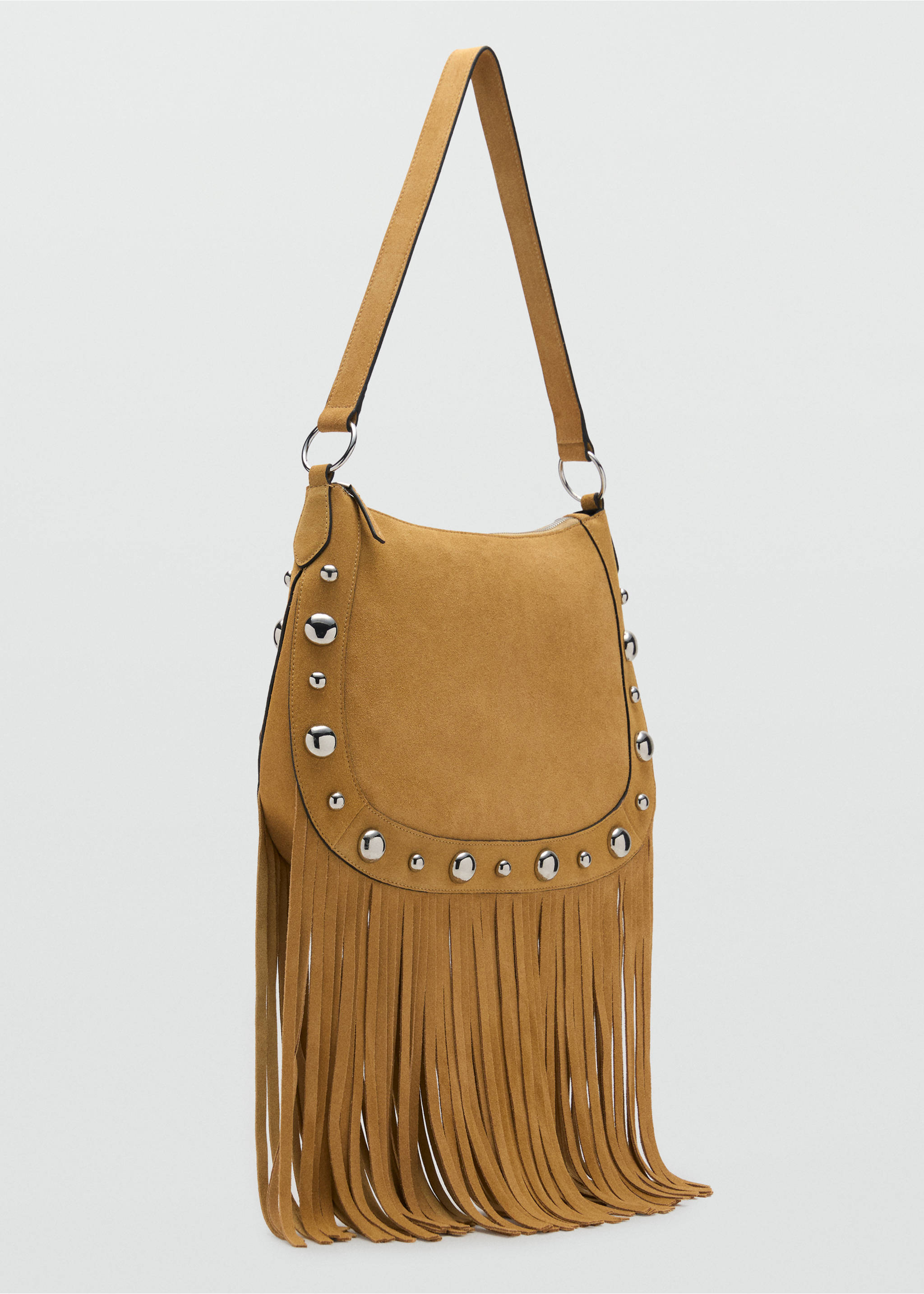 Suede bag with fringes and stud details - Medium plane, Mustard. Ref: 17041189-00.