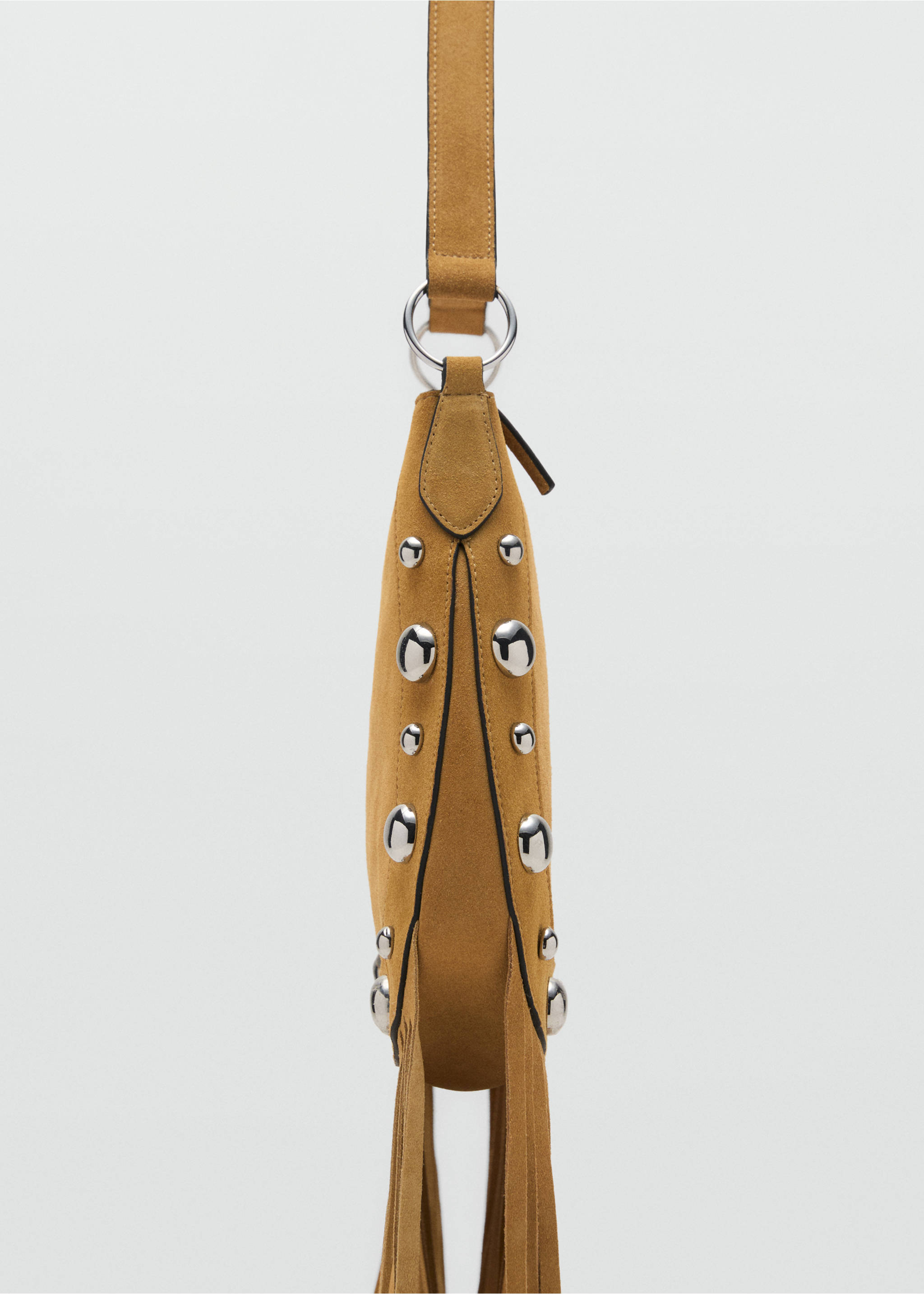 Suede bag with fringes and stud details - Details of the article 1, Mustard. Ref: 17041189-00.