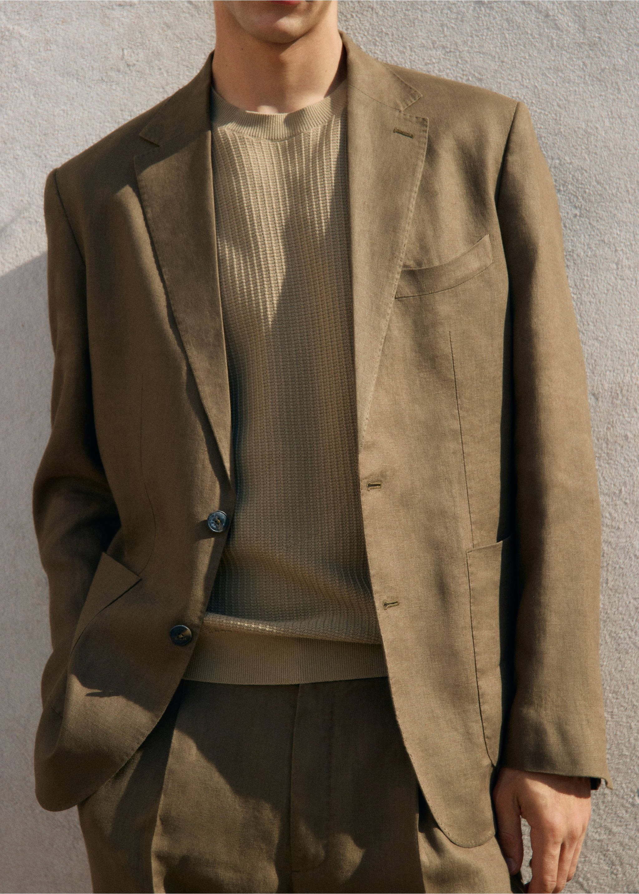 Salerno 100% linen slim fit suit blazer - Details of the article 3, Khaki. Ref: 17041193-00.