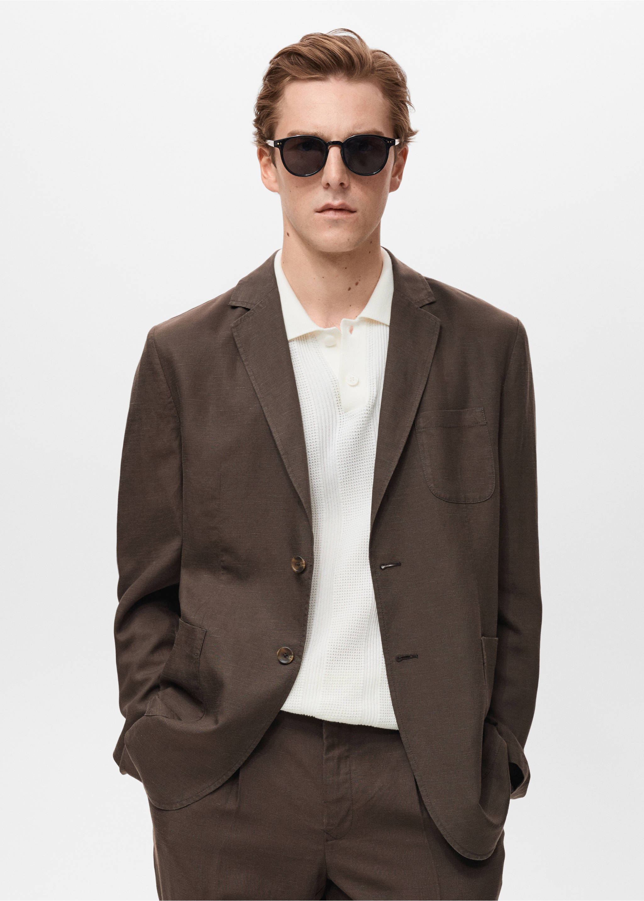 Slim fit linen suit blazer - Medium plane, Chocolate. Ref: 17041194-00.