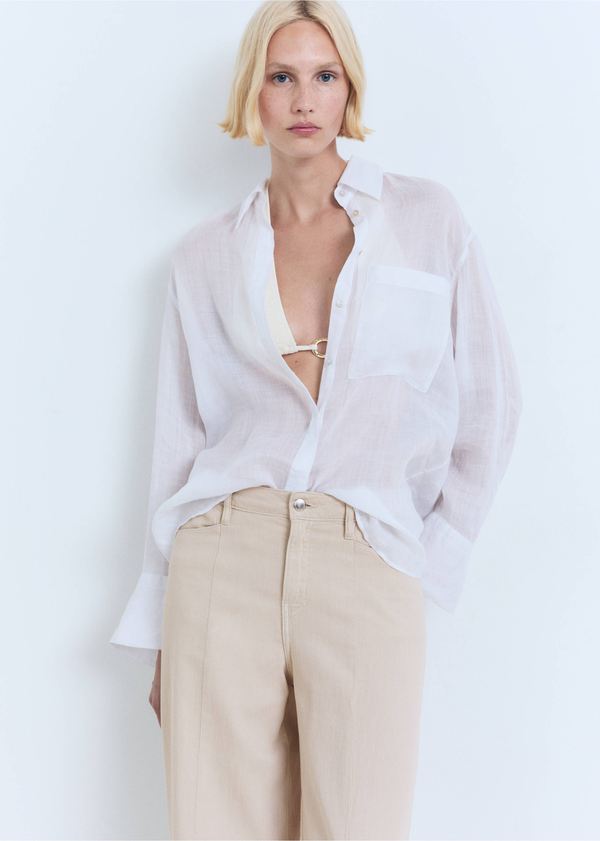 Straight-fit mid-rise denim trousers - Details of the article 1, Sand. Ref: 17041207-00.