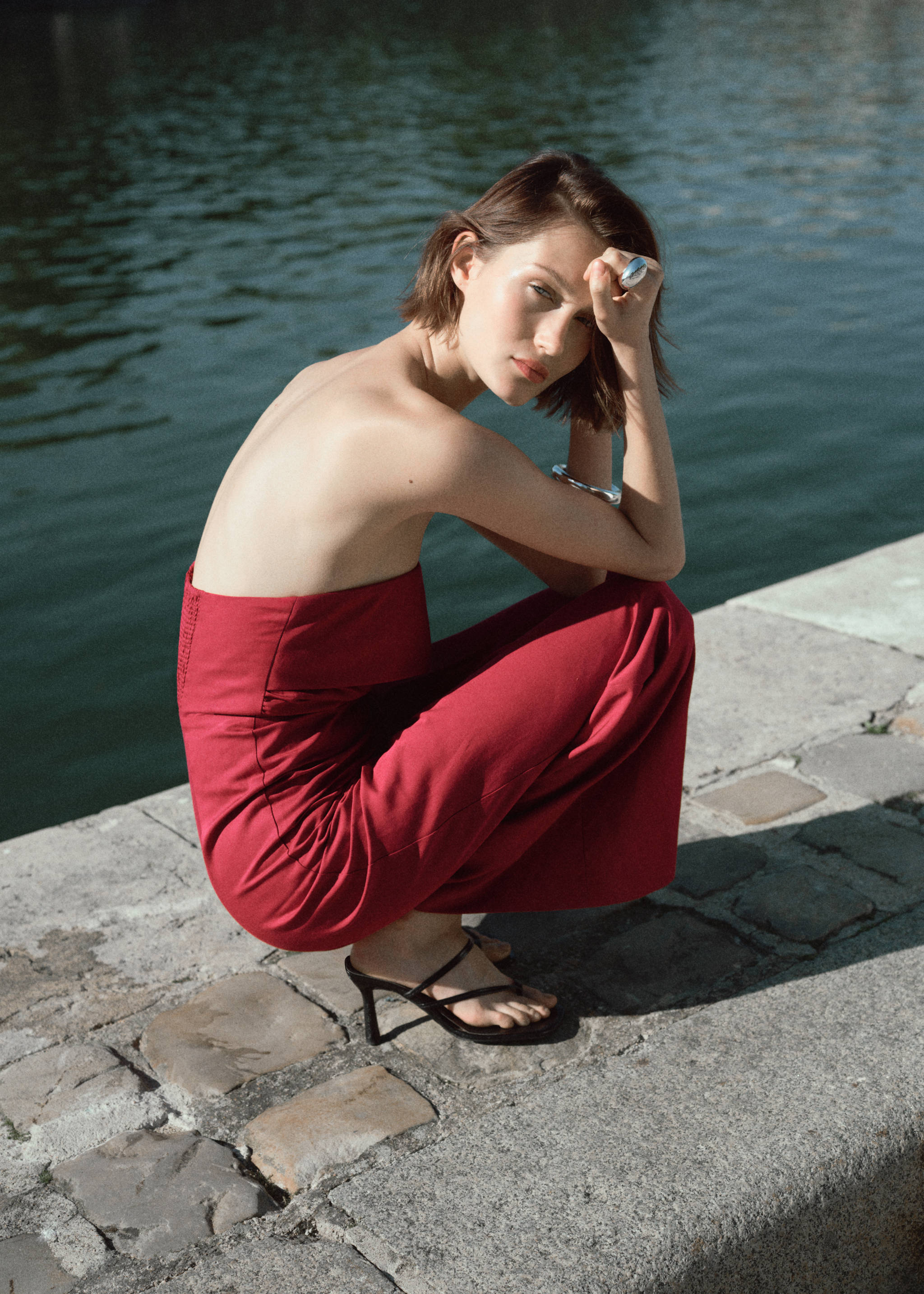 Linen-blend strapless jumpsuit - Details of the article 6, Dark Orange. Ref: 17041210-00.