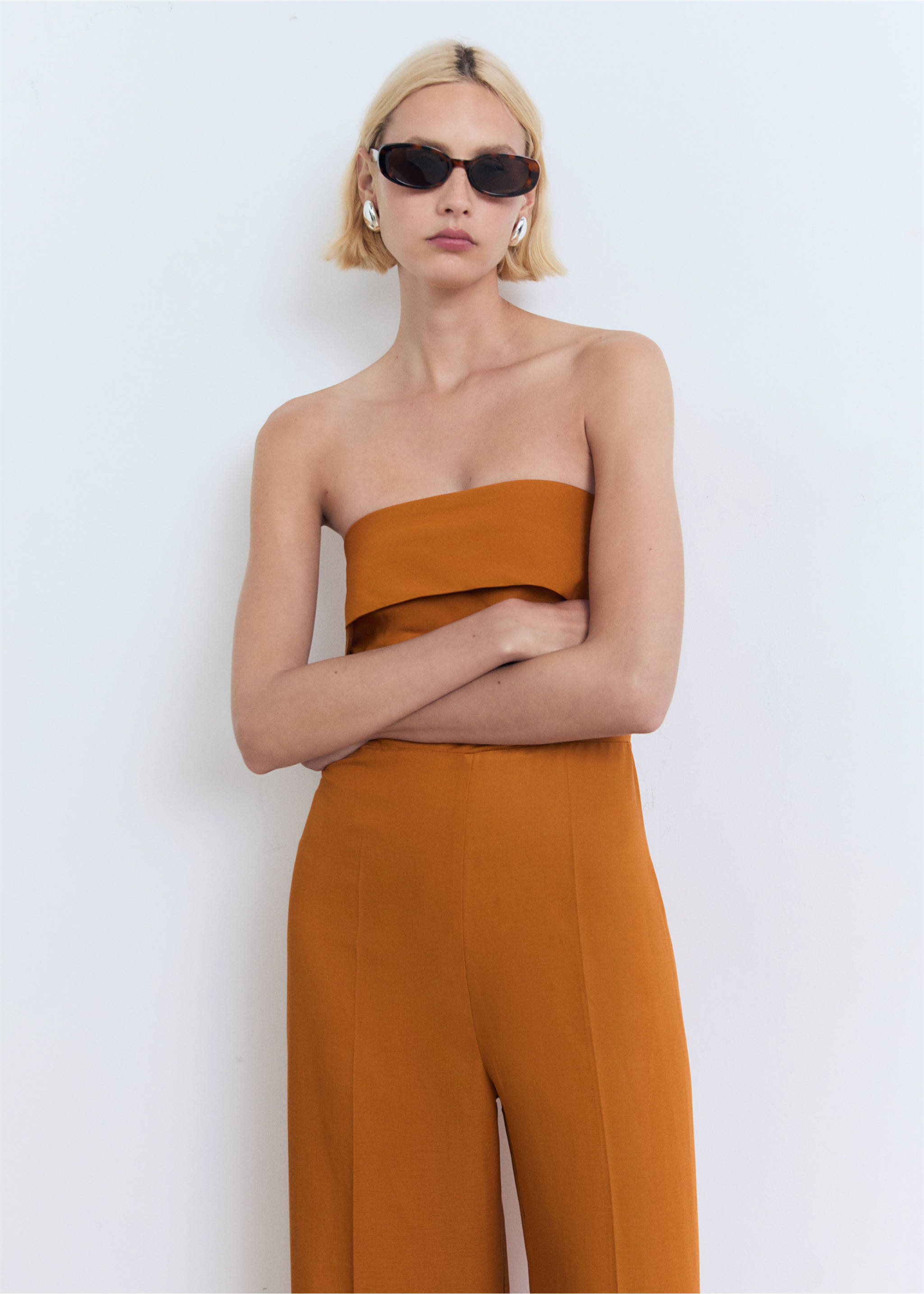 Linen-blend strapless jumpsuit - Medium plane, Brown. Ref: 17041210-00.