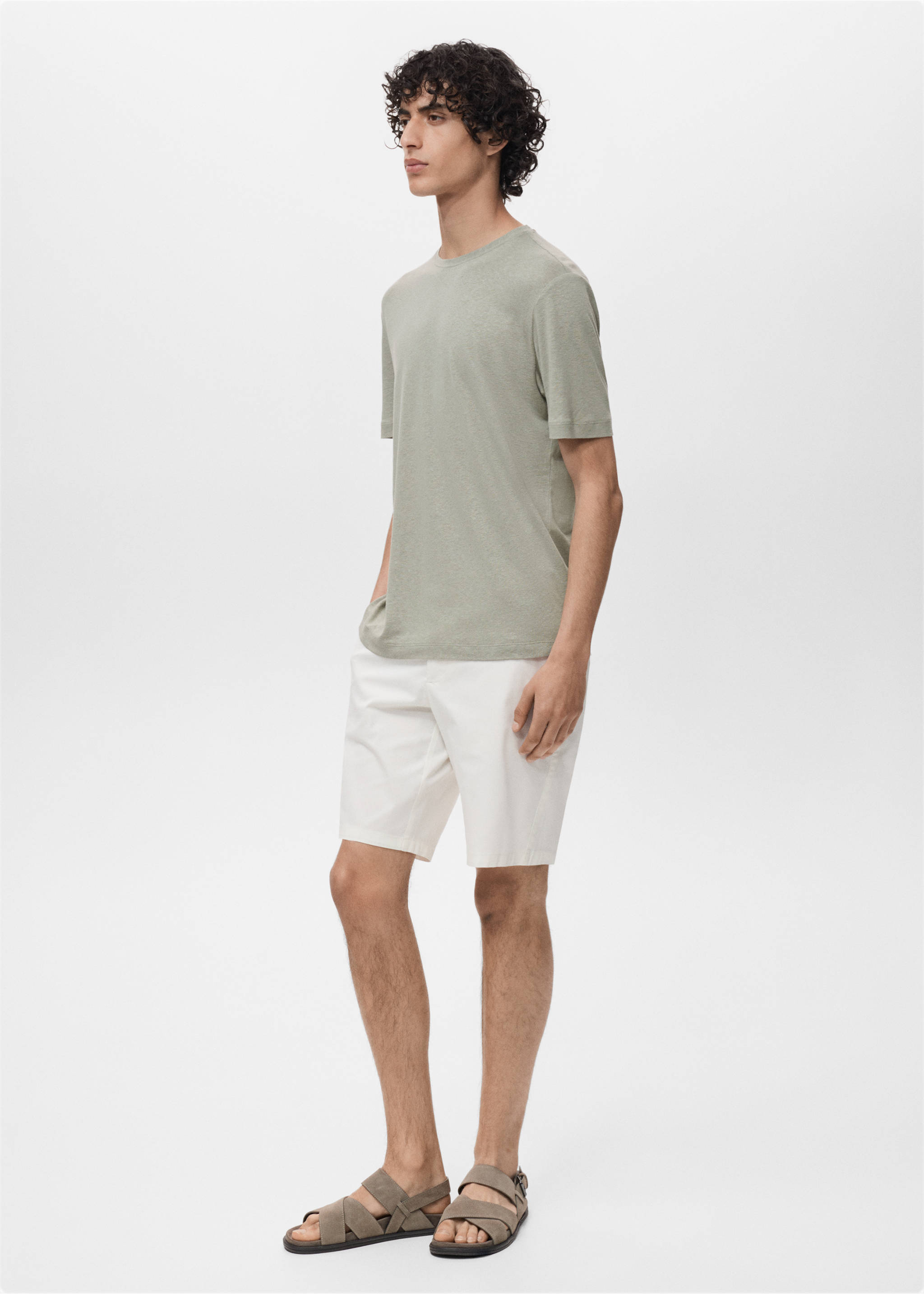 Linen slim-fit t-shirt - Details of the article 2, Mint Green. Ref: 17041211-00.