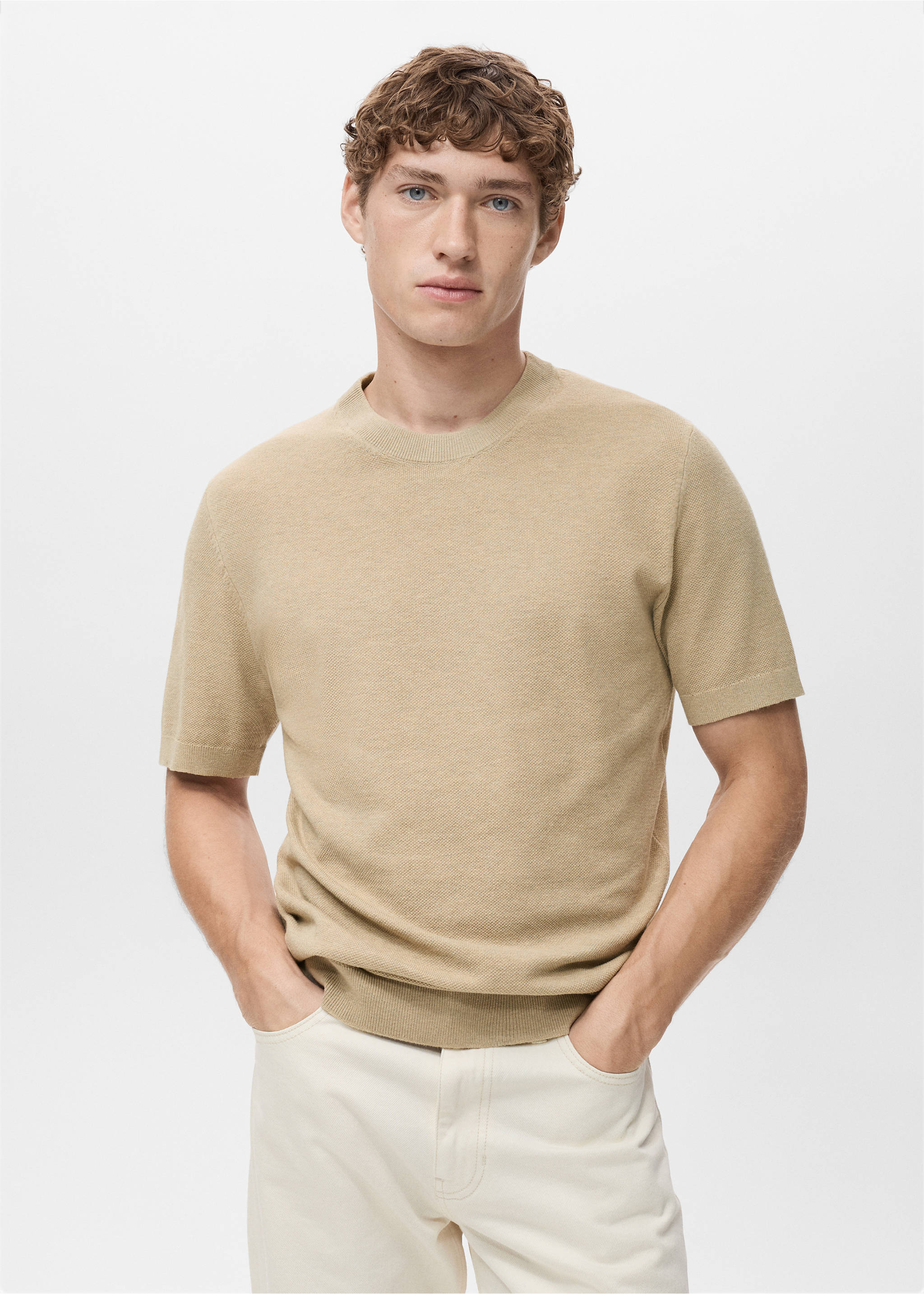 Cotton fine-knit t-shirt - Medium plane, Beige. Ref: 17041247-00.