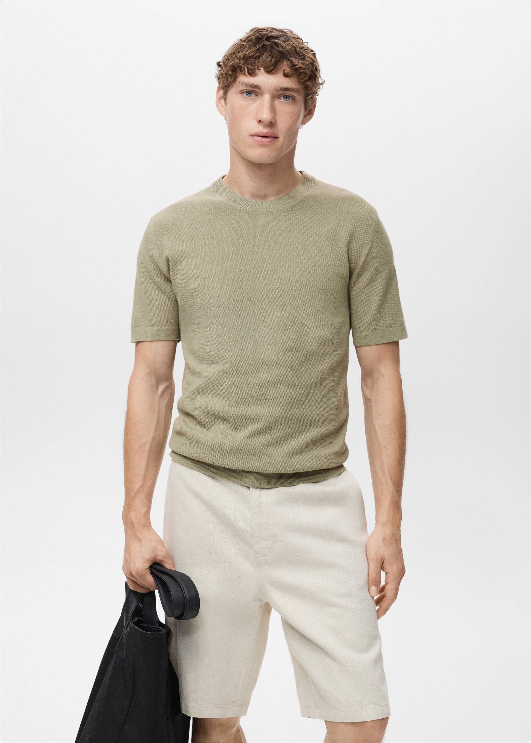T-shirt maille fine coton - Plan moyen, Kaki. Ref: 17041247-00.