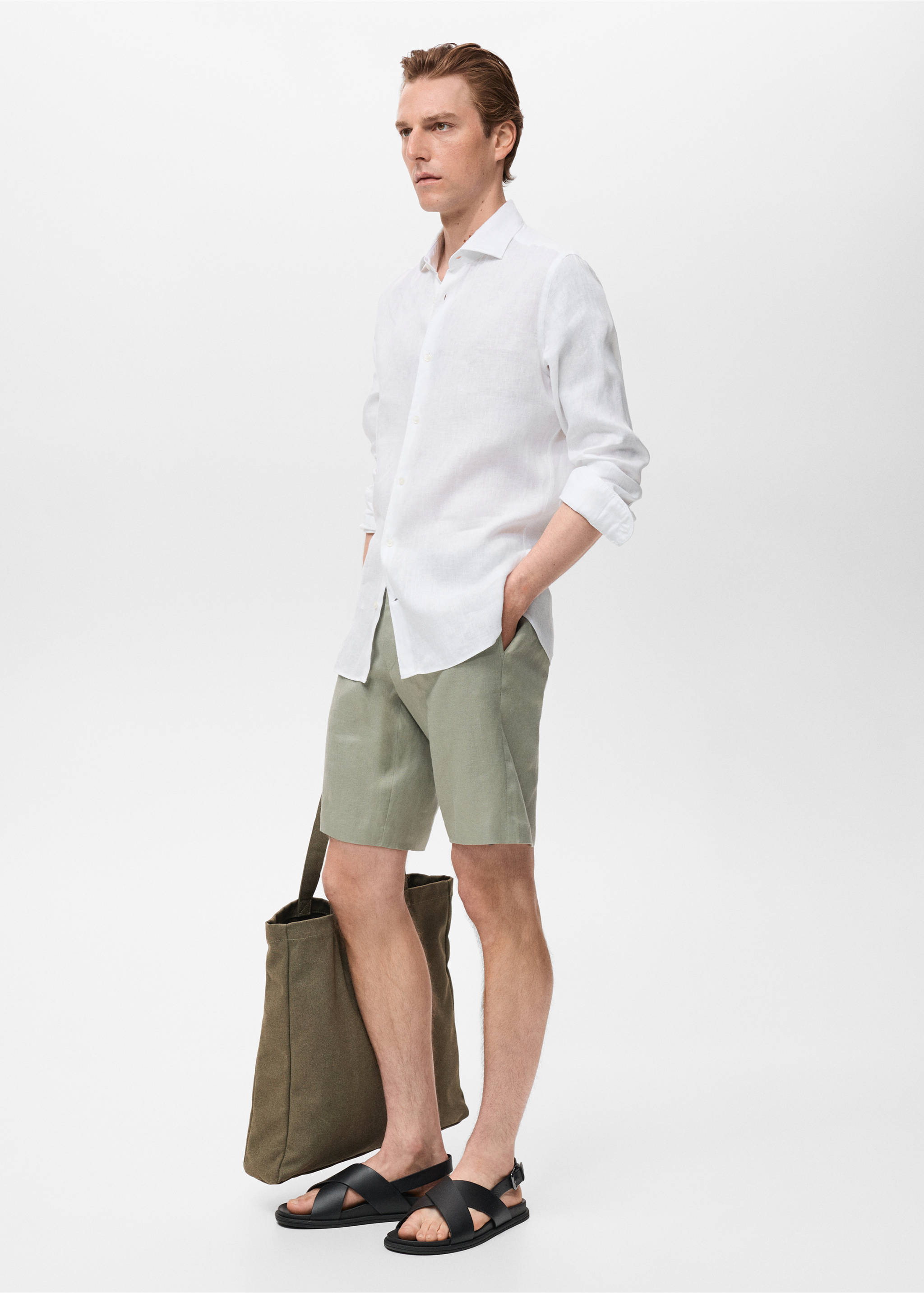 100% linen slim-fit shirt - Details of the article 2, White. Ref: 17041248-00.