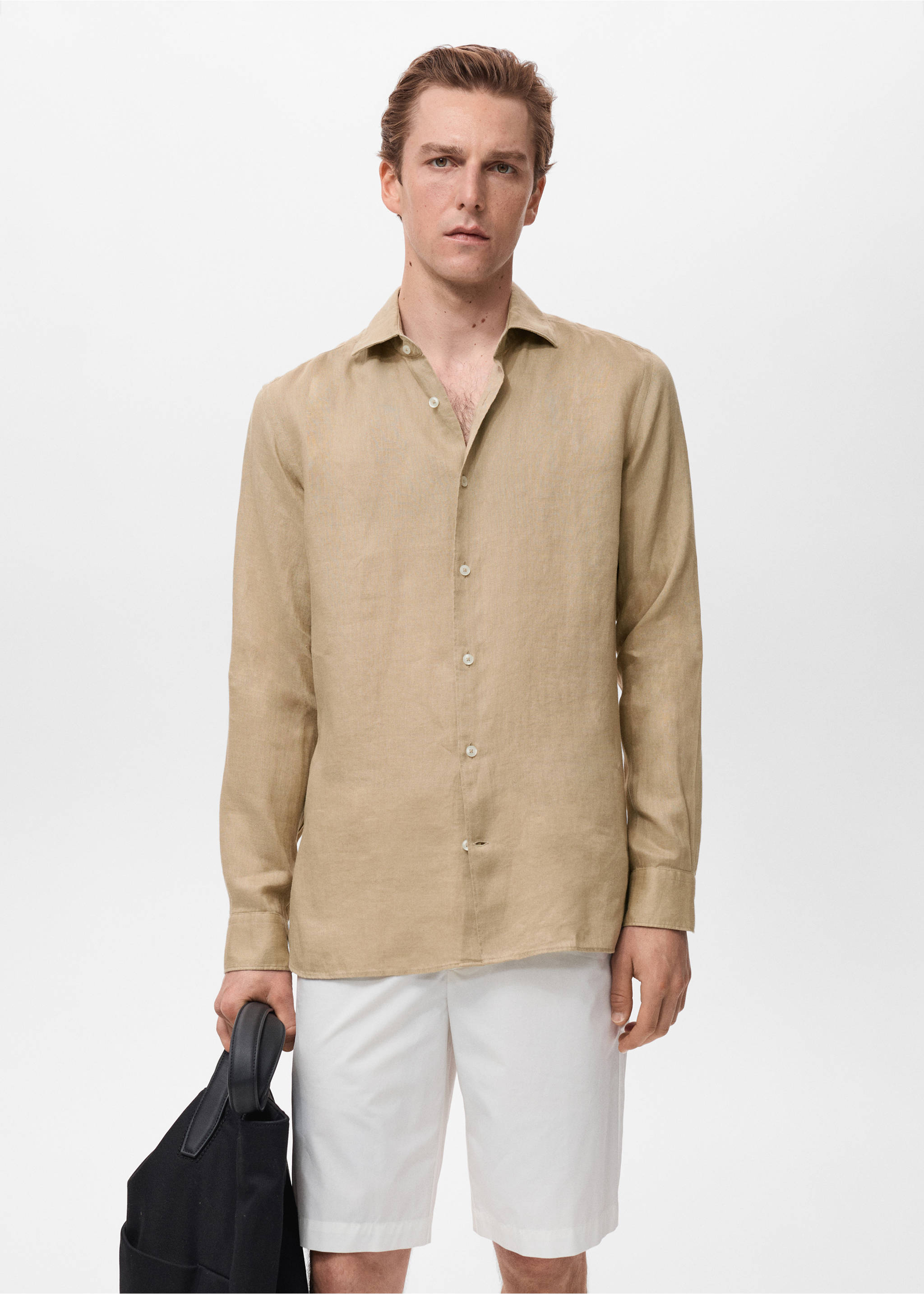 100% linen slim-fit shirt - Medium plane, Beige. Ref: 17041248-00.