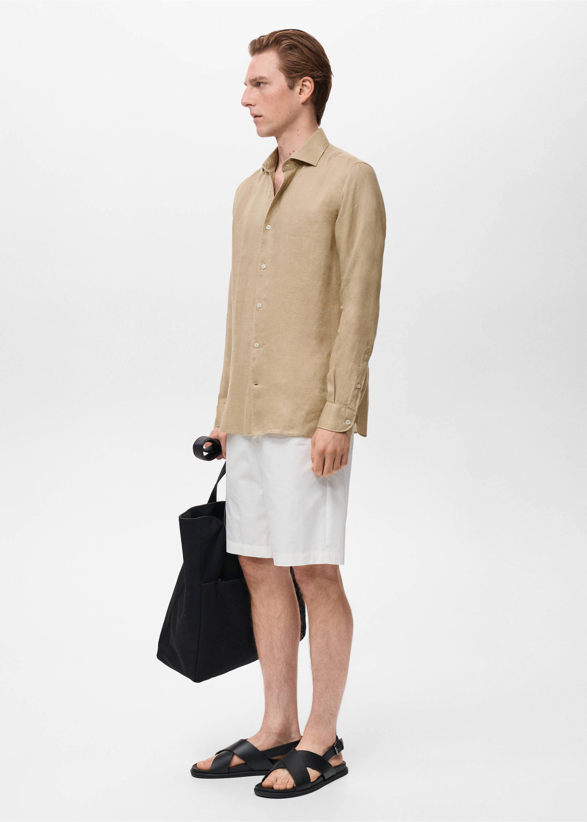 100% linen slim-fit shirt - Details of the article 2, Beige. Ref: 17041248-00.