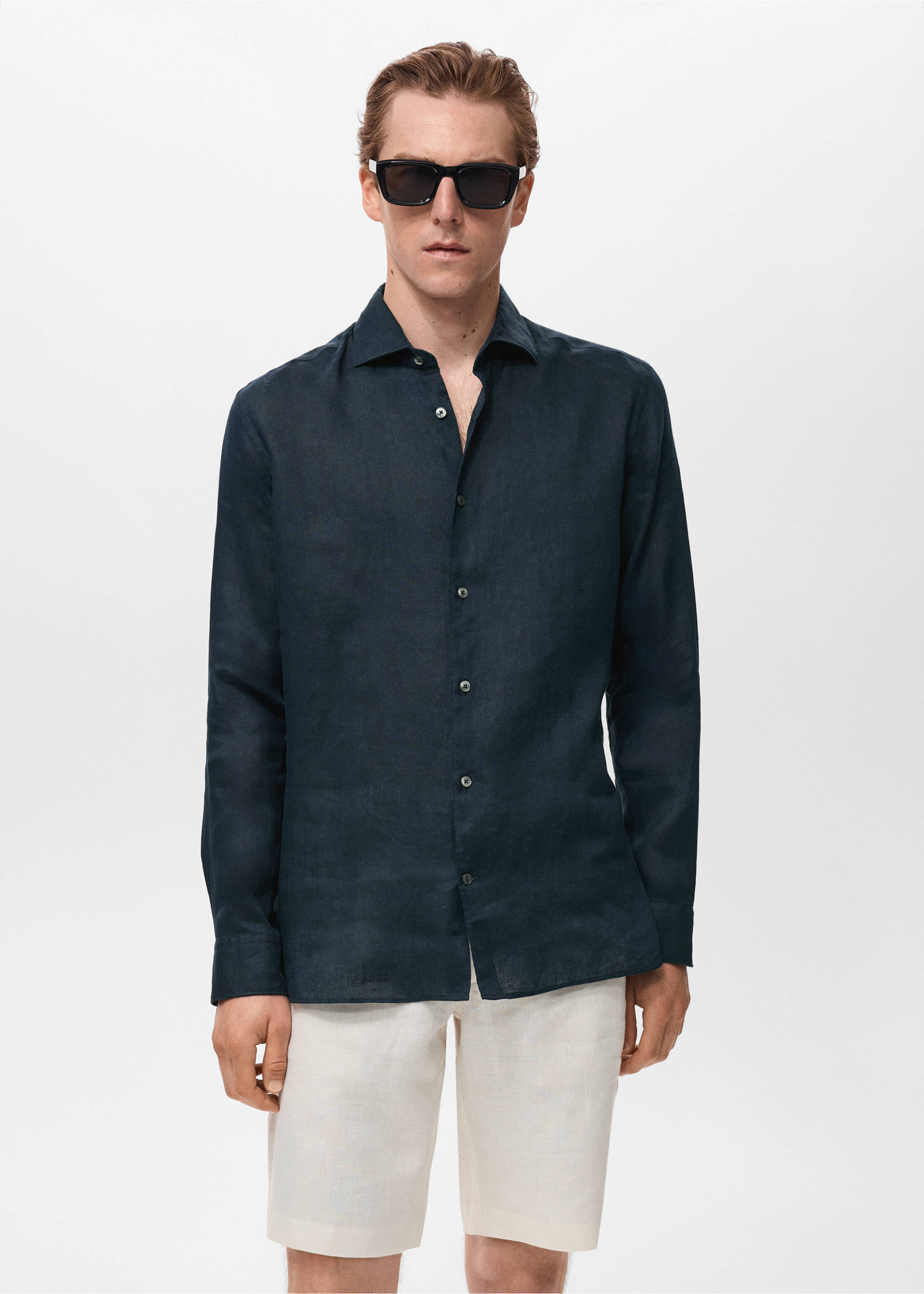 100% linen slim-fit shirt - Medium plane, Dark Navy. Ref: 17041248-00.