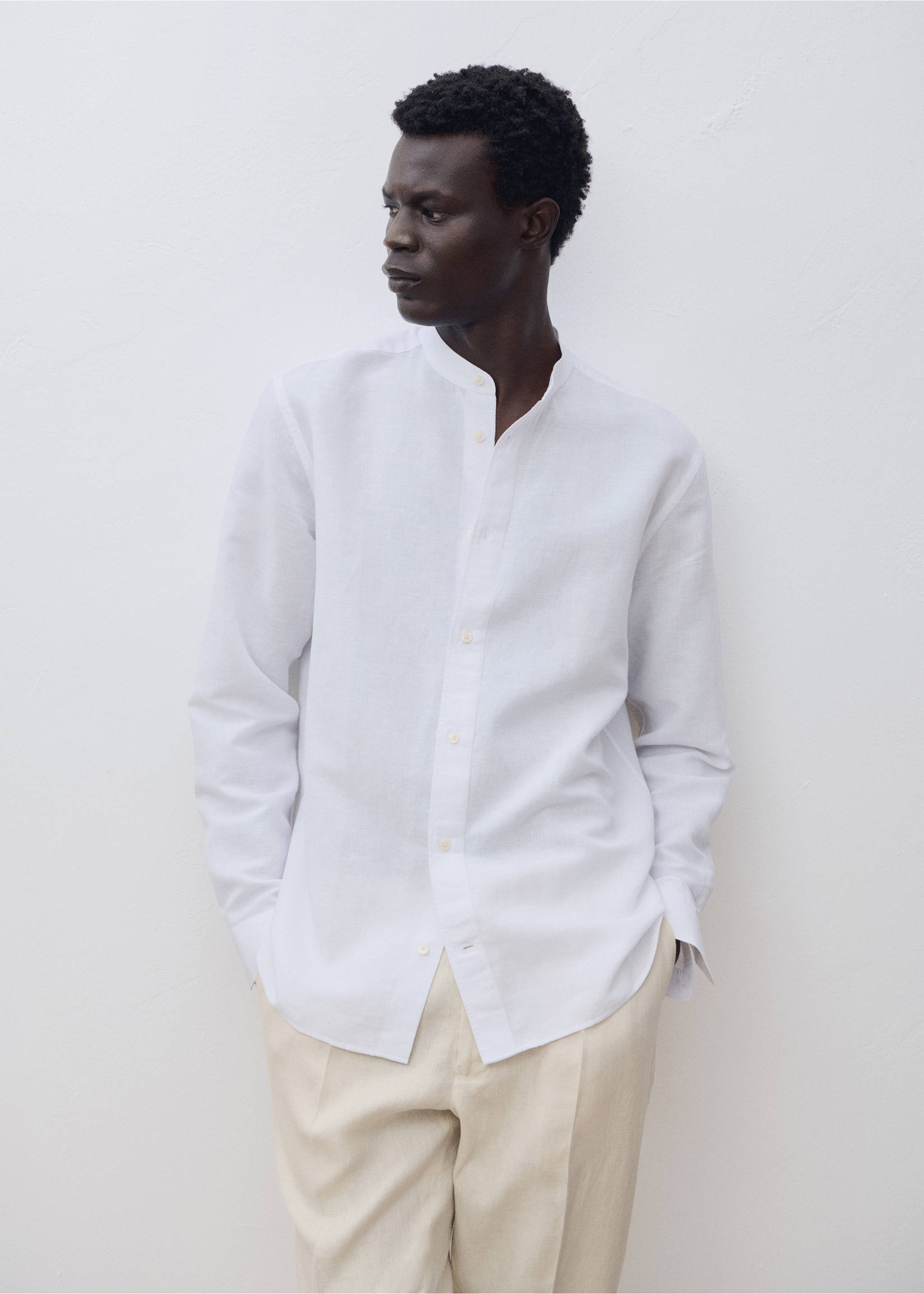 Mao collar linen shirt - Details of the article 3, White. Ref: 17041249-00.