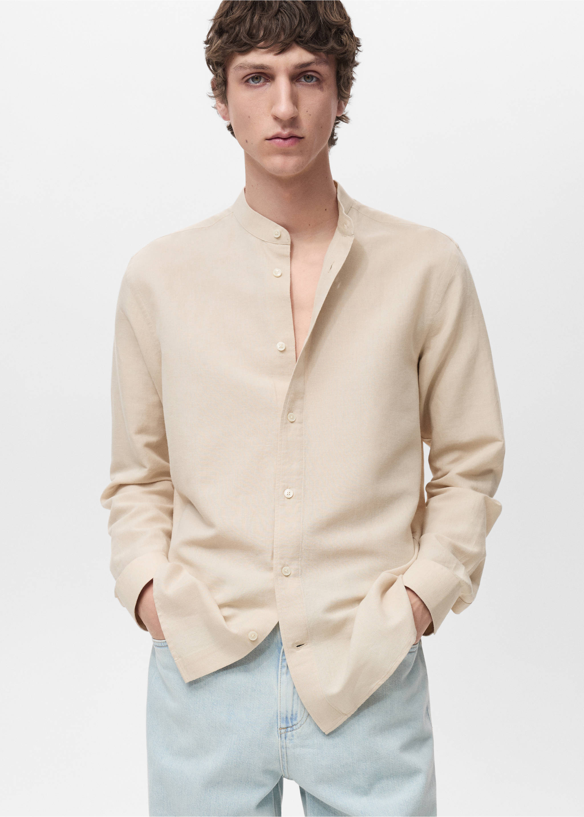 Mao collar linen shirt - Medium plane, Sand. Ref: 17041249-00.