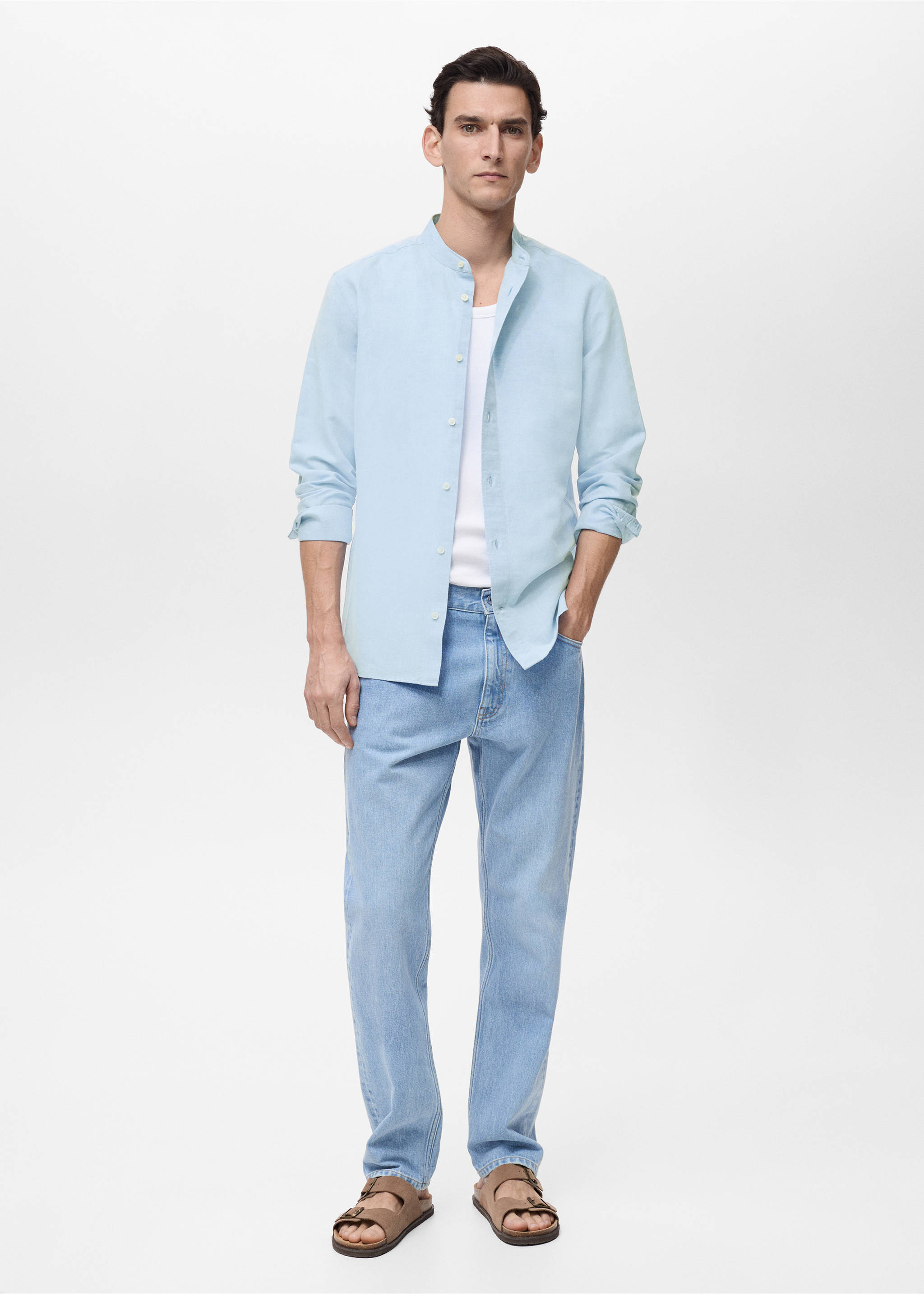 Mao collar linen shirt - General plane, Sky Blue. Ref: 17041249-00.