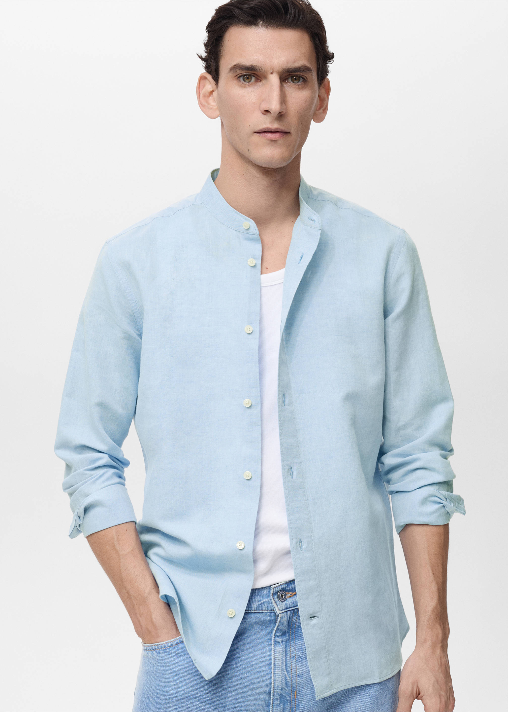 Mao collar linen shirt - Medium plane, Sky Blue. Ref: 17041249-00.