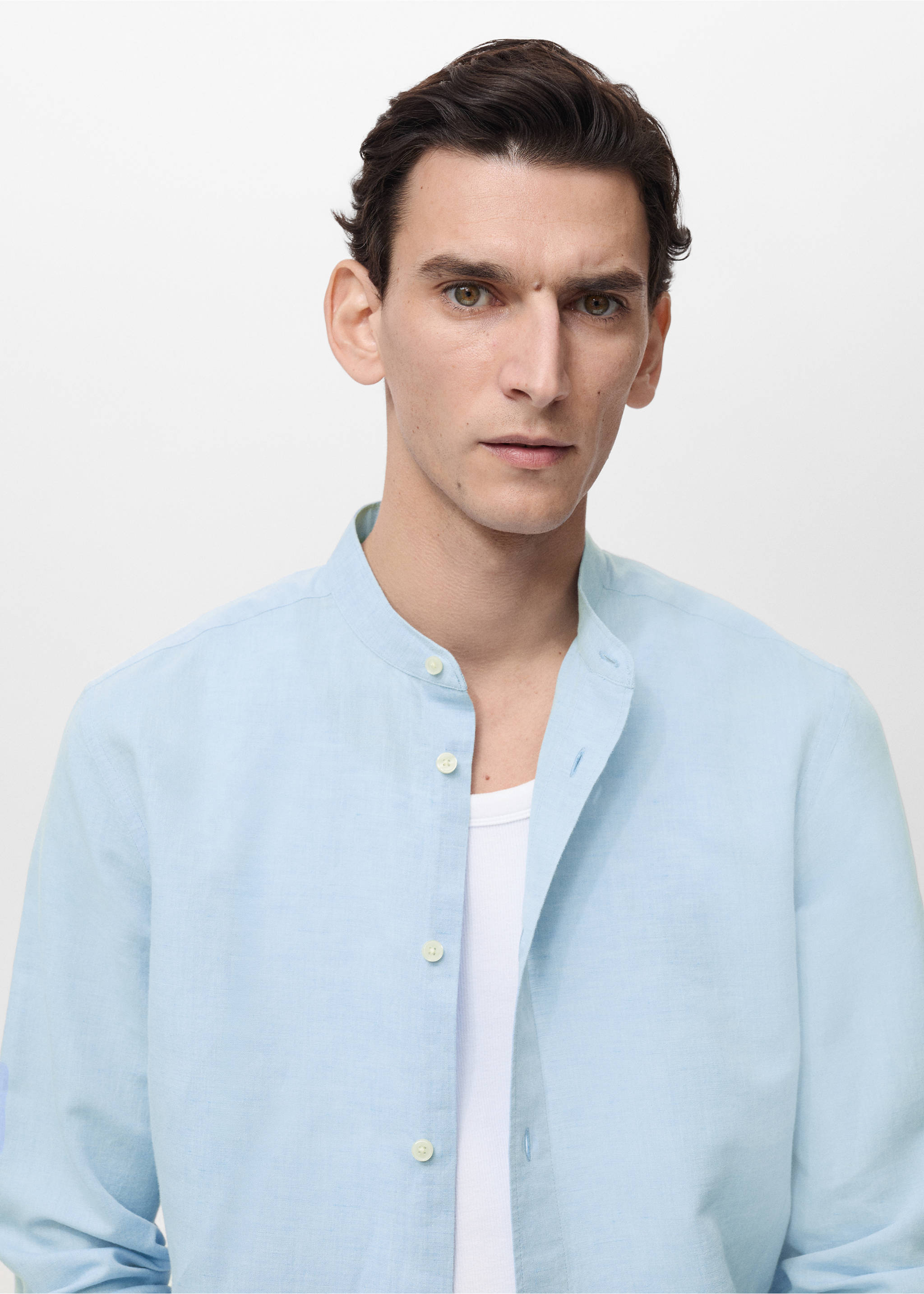 Mao collar linen shirt - Details of the article 1, Sky Blue. Ref: 17041249-00.