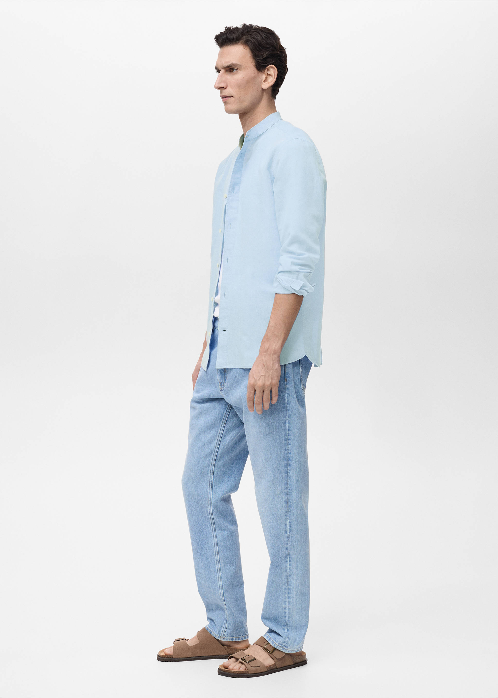 Mao collar linen shirt - Details of the article 2, Sky Blue. Ref: 17041249-00.