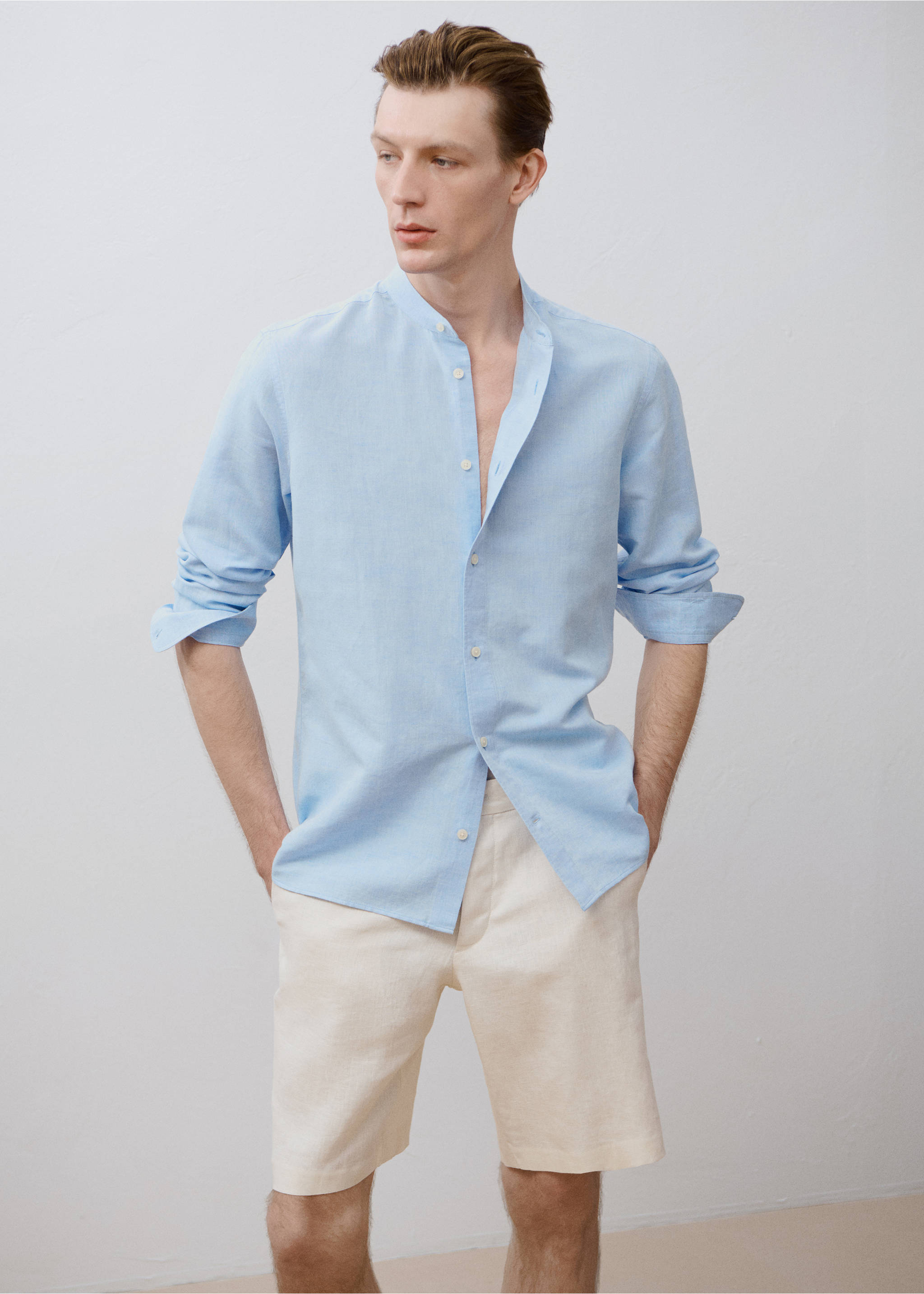 Mao collar linen shirt - Details of the article 3, Sky Blue. Ref: 17041249-00.