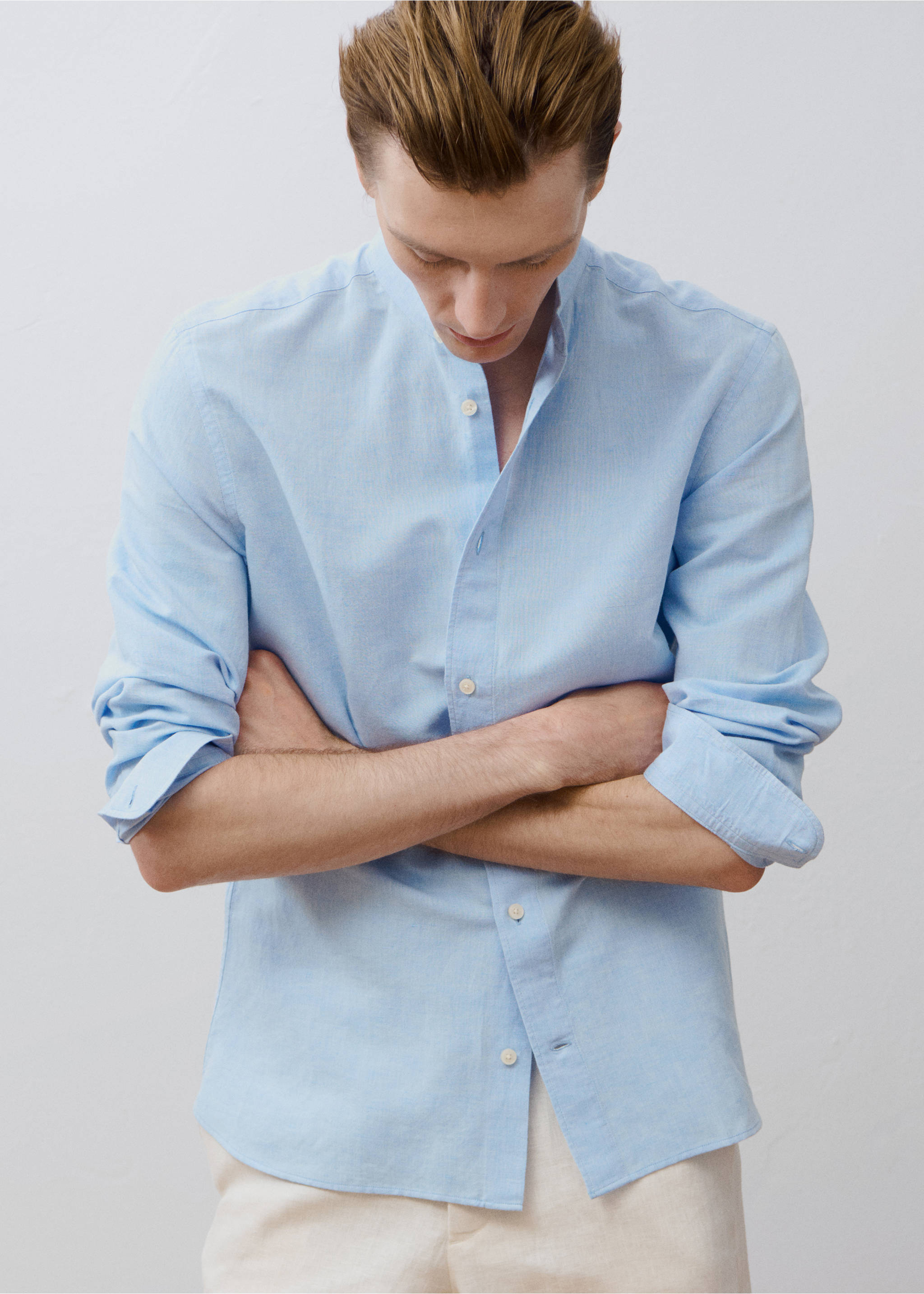 Mao collar linen shirt - Details of the article 5, Sky Blue. Ref: 17041249-00.