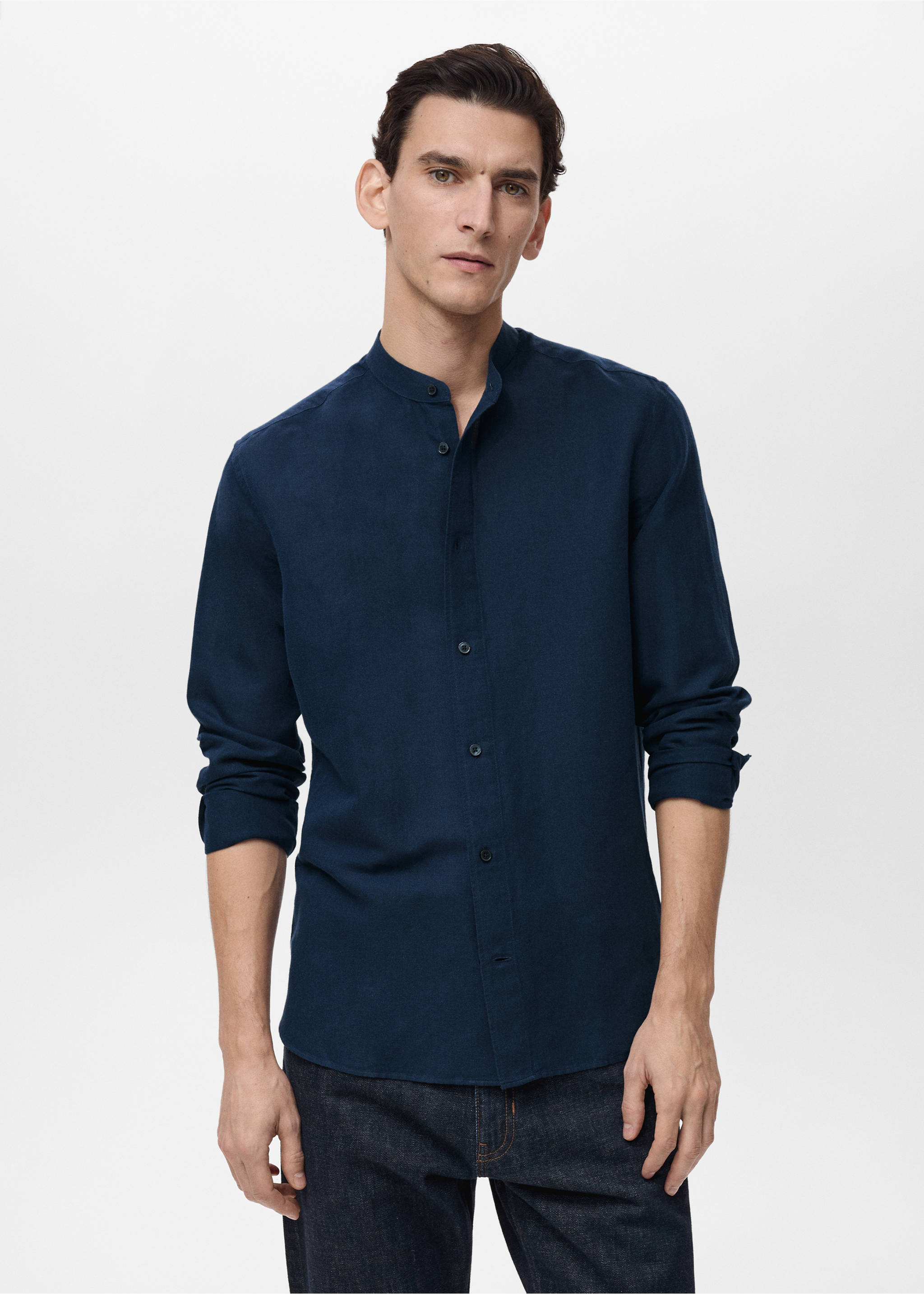 Mao collar linen shirt - Medium plane, Dark Navy. Ref: 17041249-00.