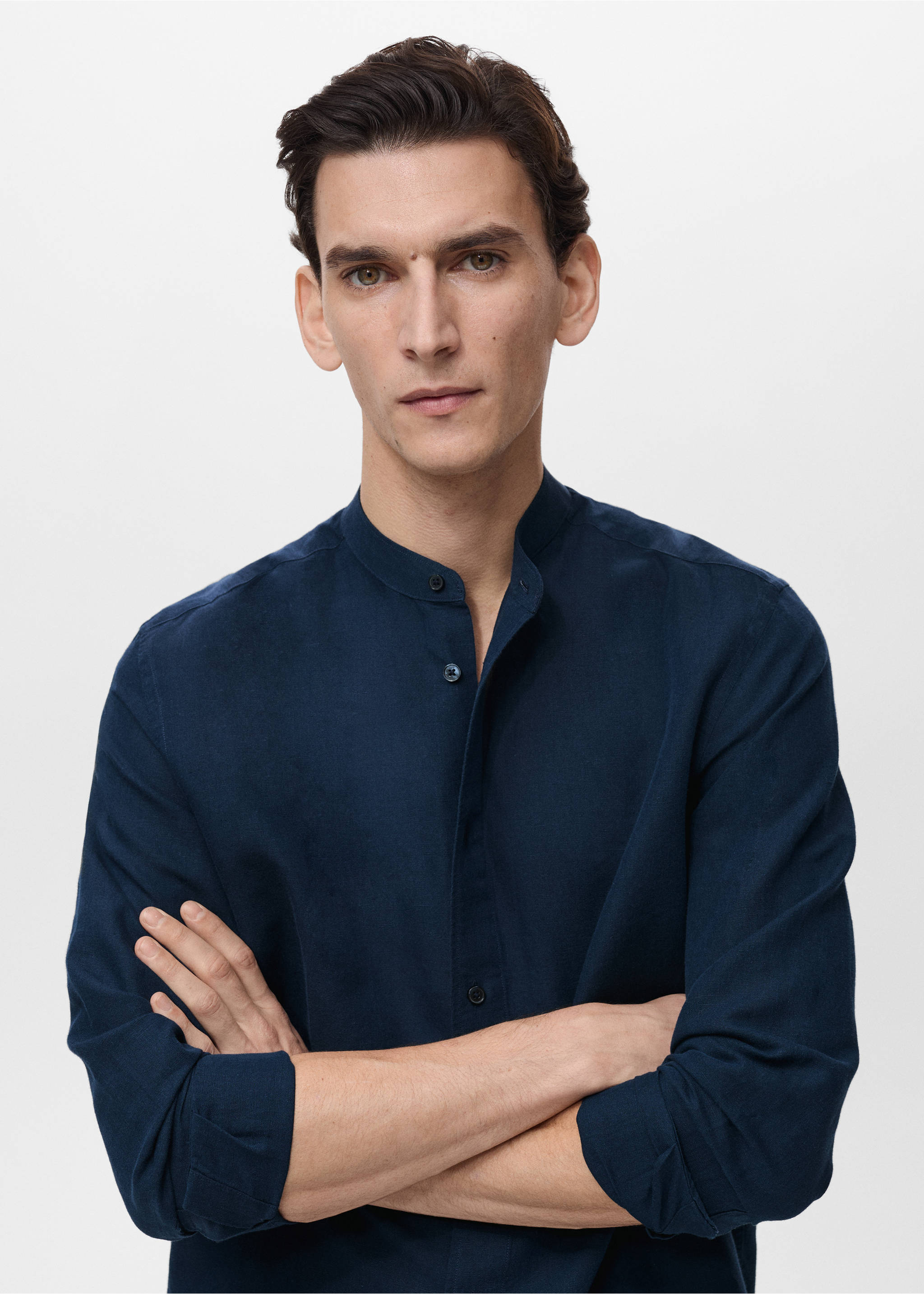 Mao collar linen shirt - Details of the article 1, Dark Navy. Ref: 17041249-00.