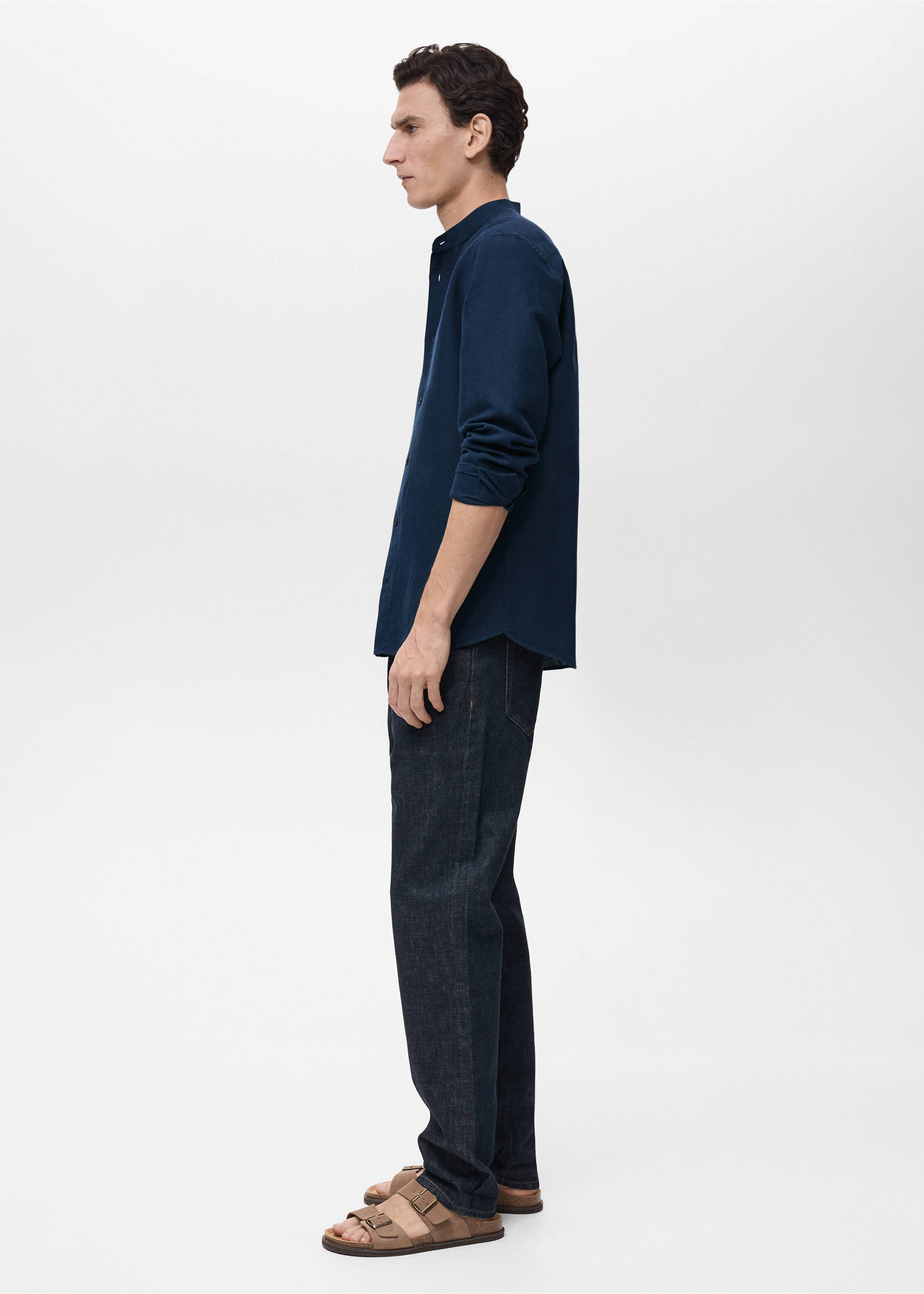 Mao collar linen shirt - Details of the article 2, Dark Navy. Ref: 17041249-00.