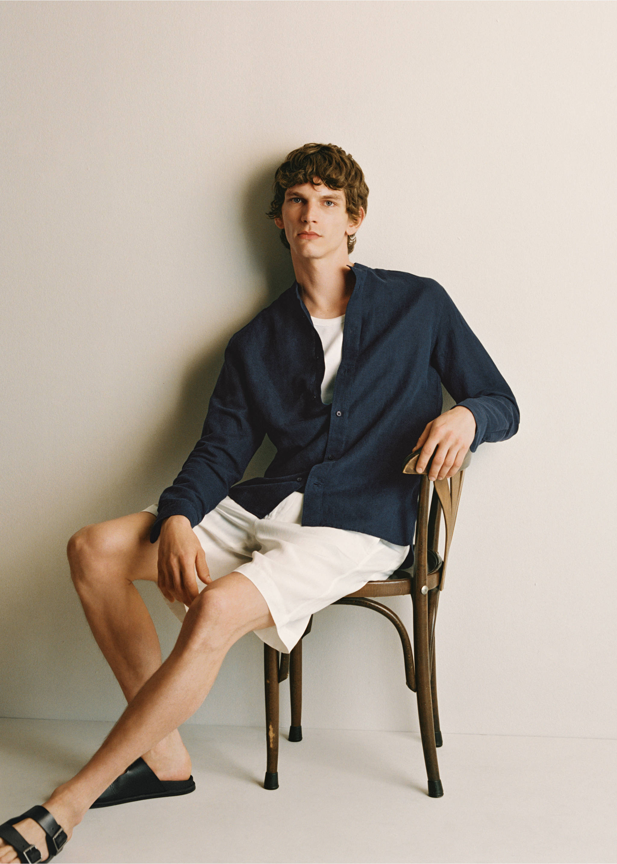 Mao collar linen shirt - Details of the article 9, Dark Navy. Ref: 17041249-00.