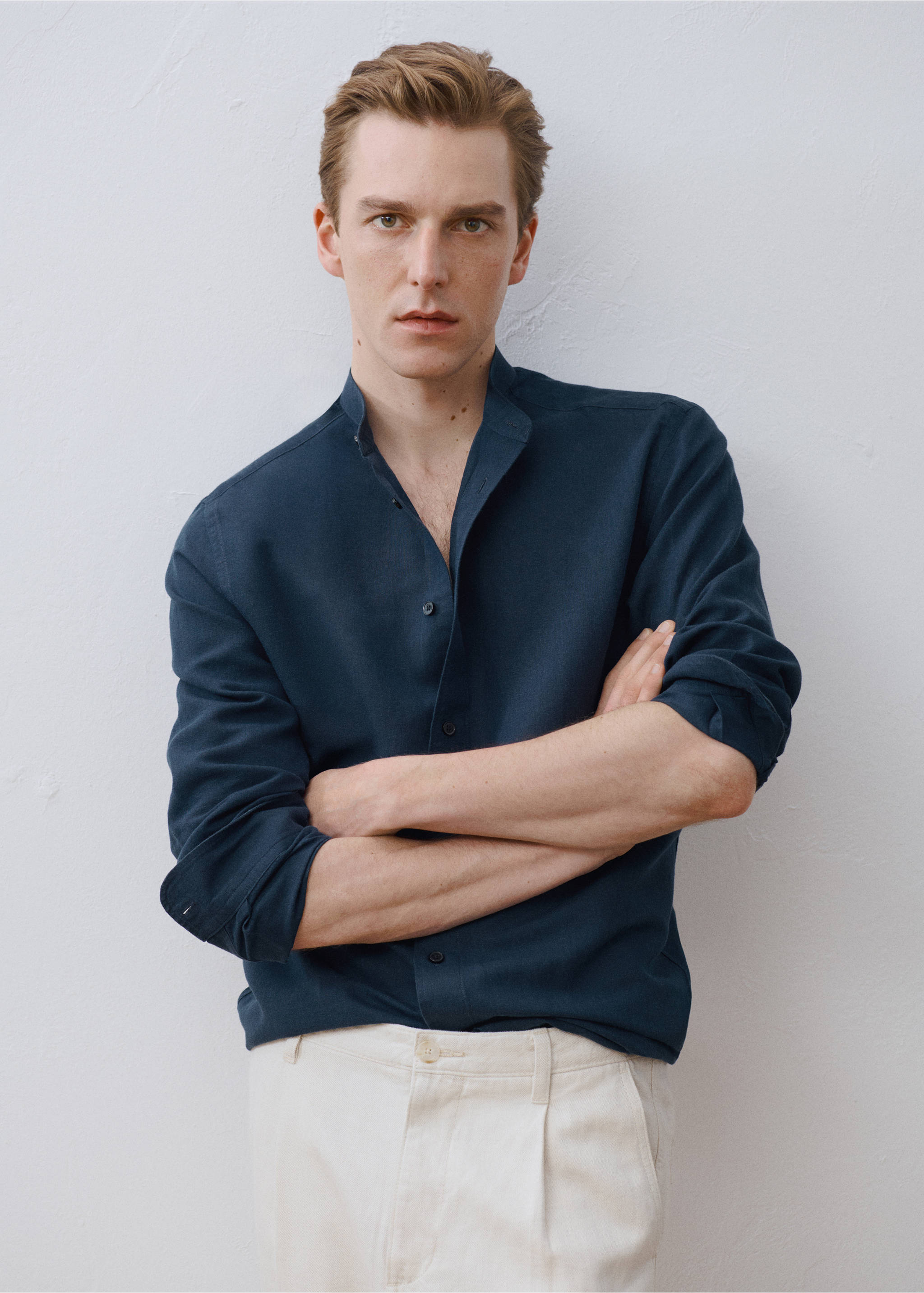 Mao collar linen shirt - Details of the article 3, Dark Navy. Ref: 17041249-00.