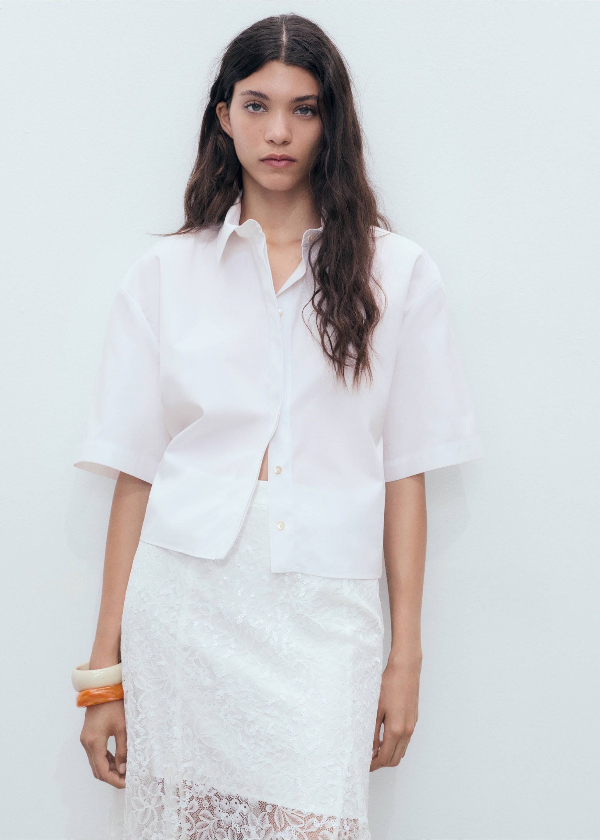 Cropped cotton shirt - Medium plane, White. Ref: 17041273-00.