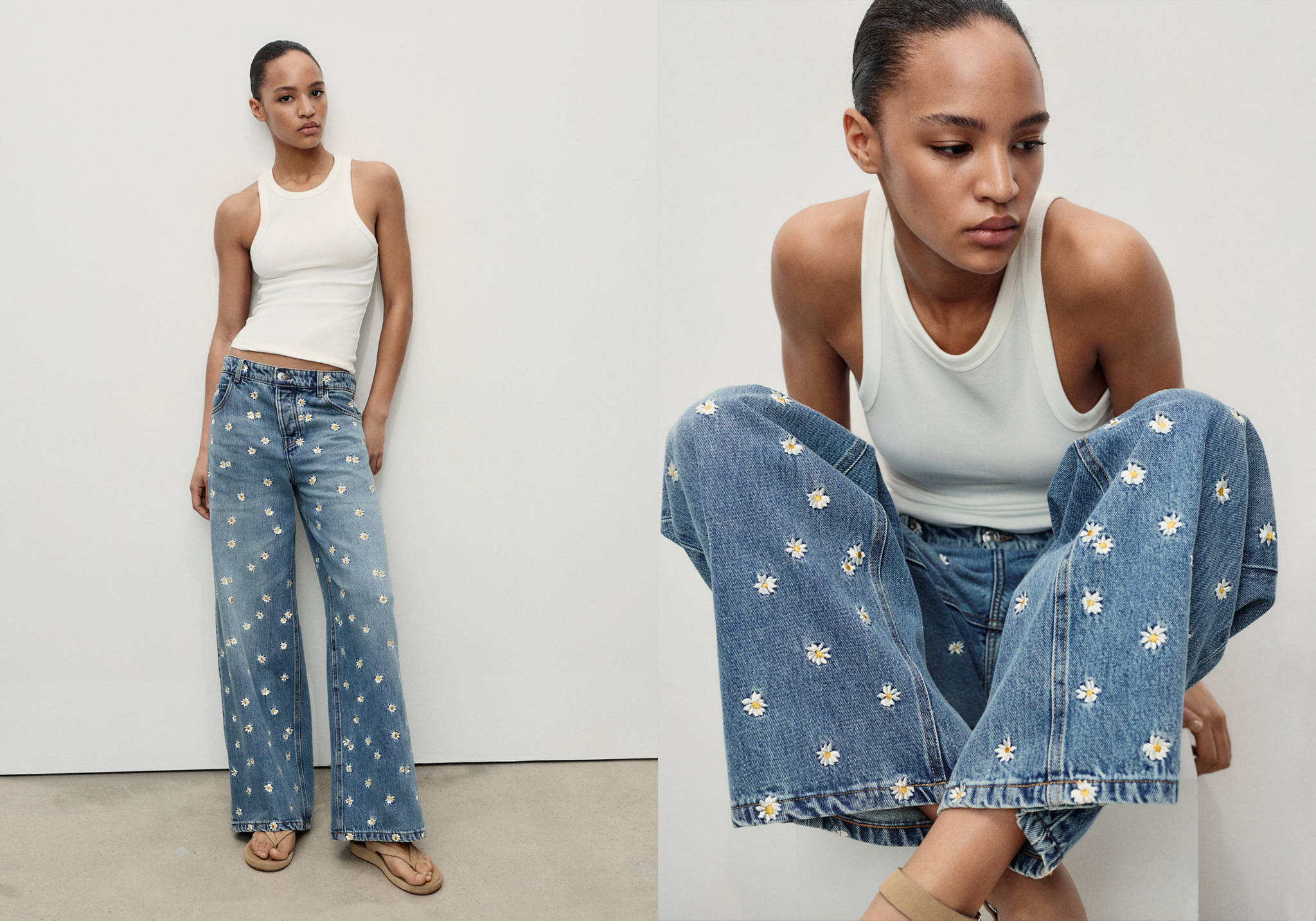 Wide leg jeans with floral embroidery - Women | MANGO OUTLET Romania