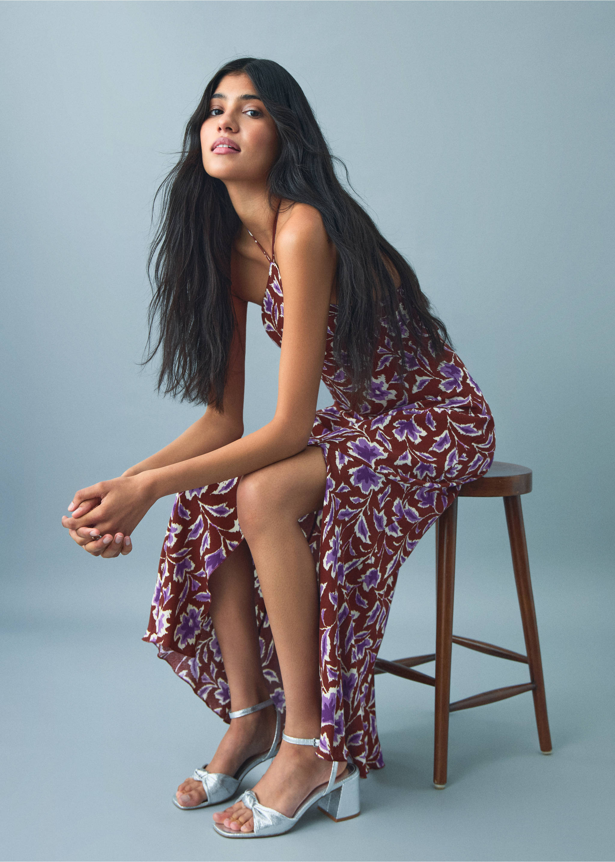 Floral-print halter dress - Medium plane, Brown. Ref: 17041289-00.