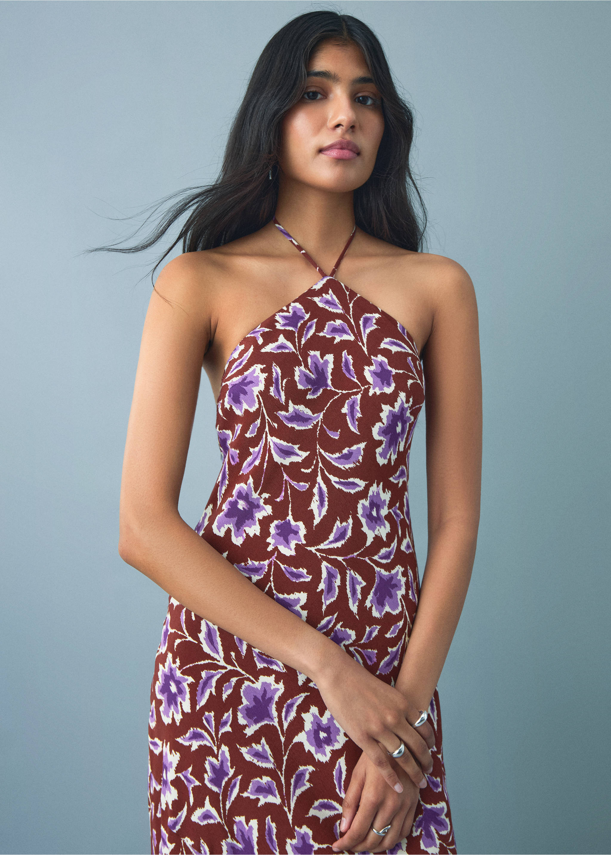 Floral-print halter dress - Reverse of the article, Brown. Ref: 17041289-00.