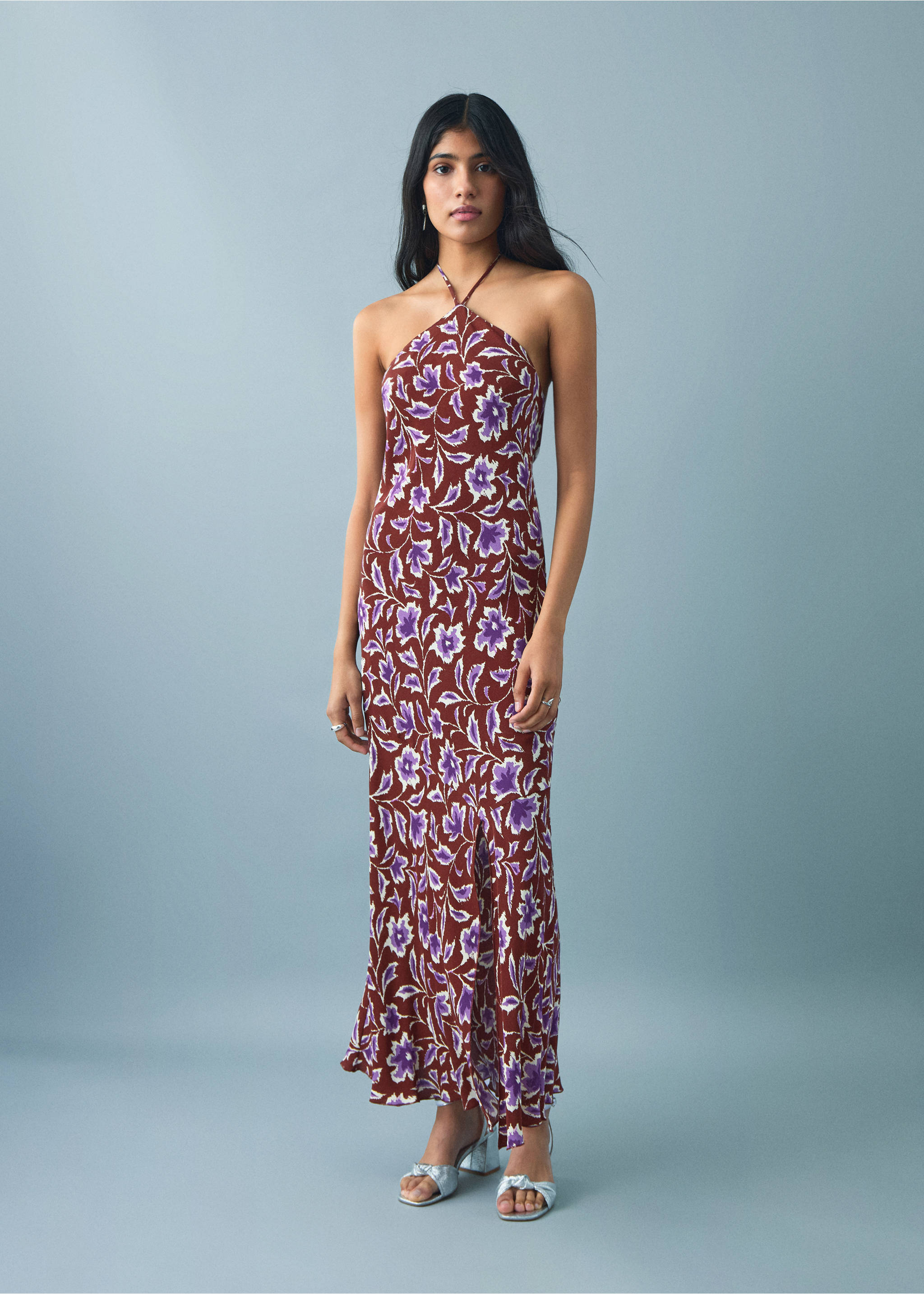 Floral-print halter dress - Details of the article 1, Brown. Ref: 17041289-00.