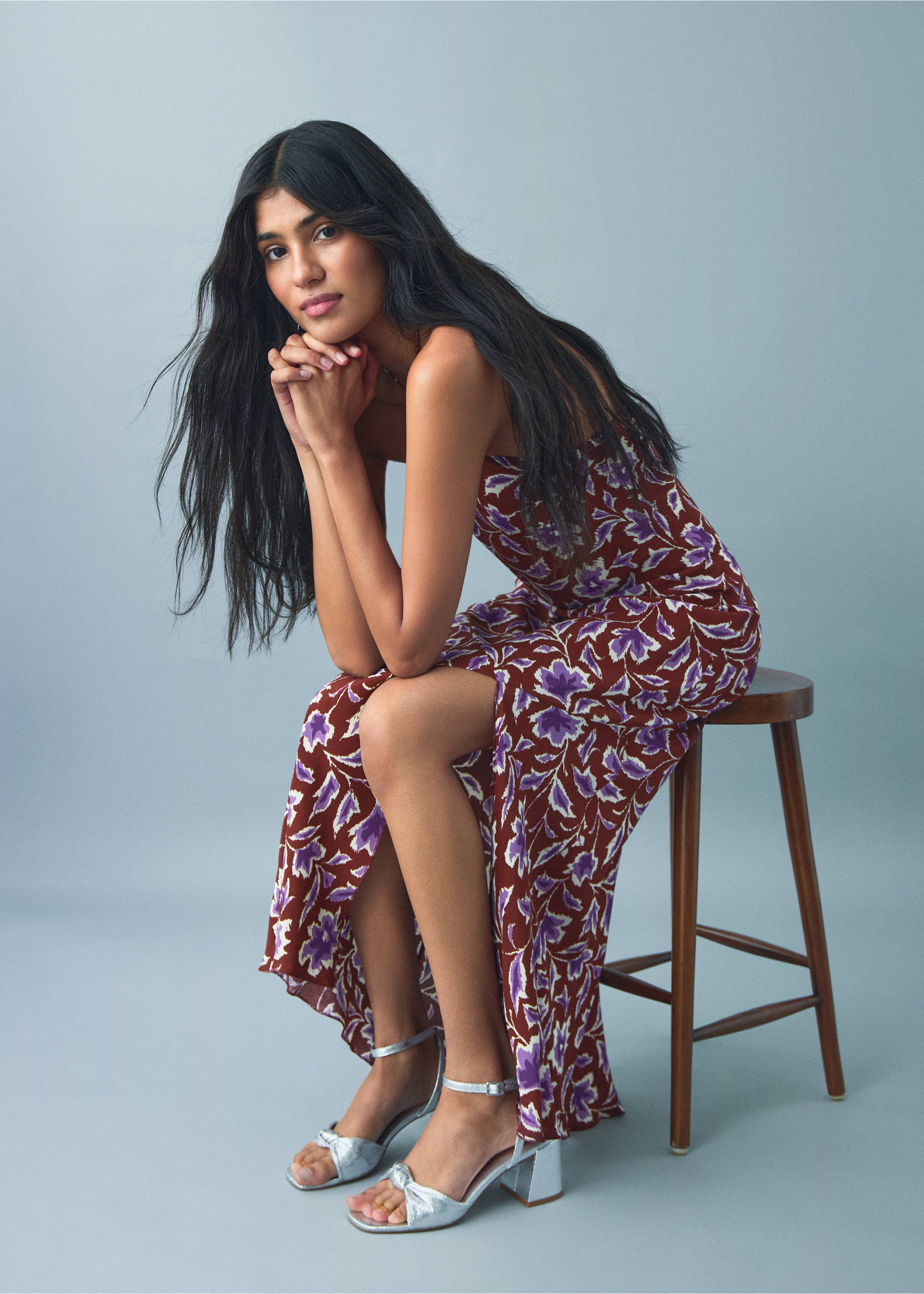 Floral-print halter dress - Details of the article 2, Brown. Ref: 17041289-00.